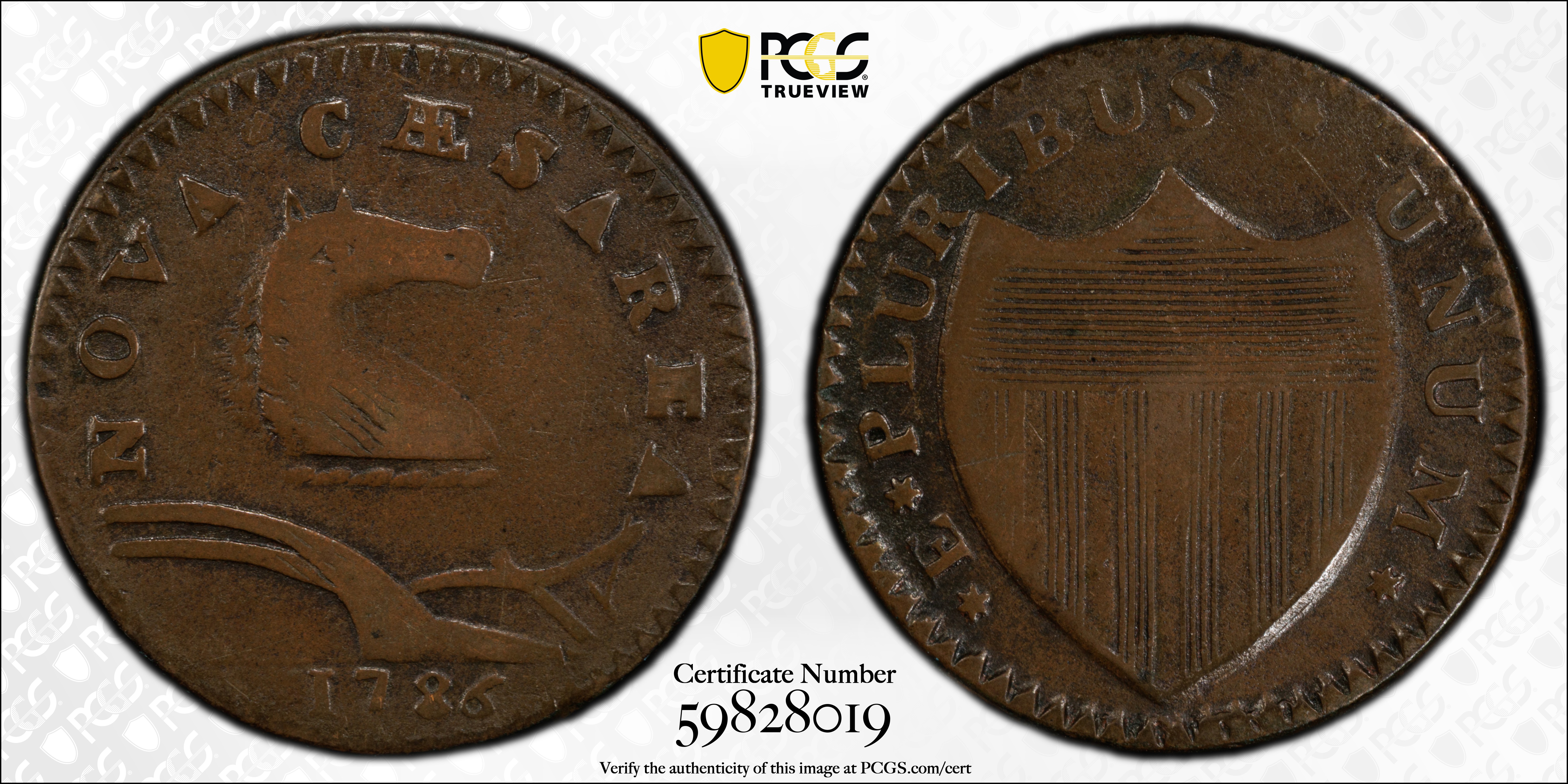 image for: 1786 New Jersey Copper. Maris 21-N, W-4910. Rarity-3. Curved Plow Beam, Mane Punch Before Ears, Wide Shield. VF-20 (PCGS).