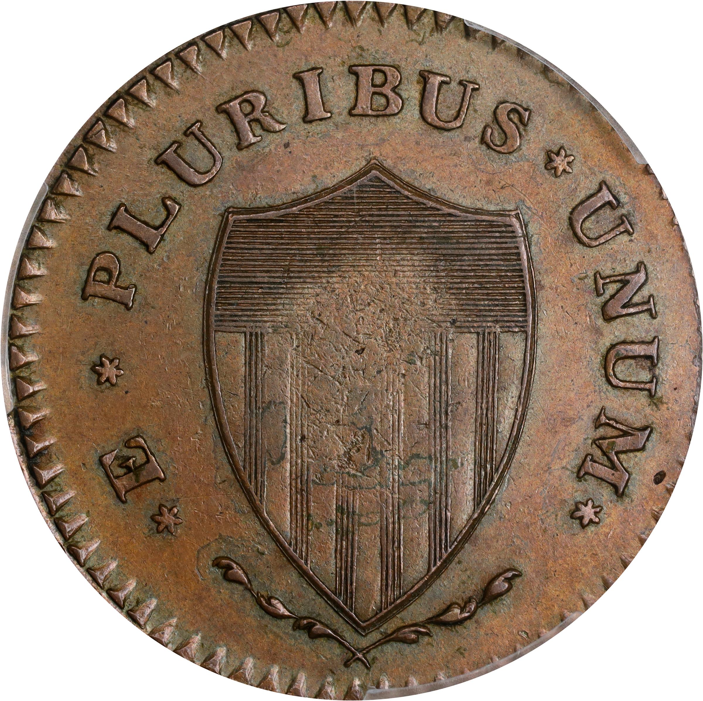 image for: 1787 New Jersey Copper. Maris 62-q, W-6360. Rarity-3. Sprig Above Plow, Hidden WM. Large Planchet. AU-55 (PCGS).