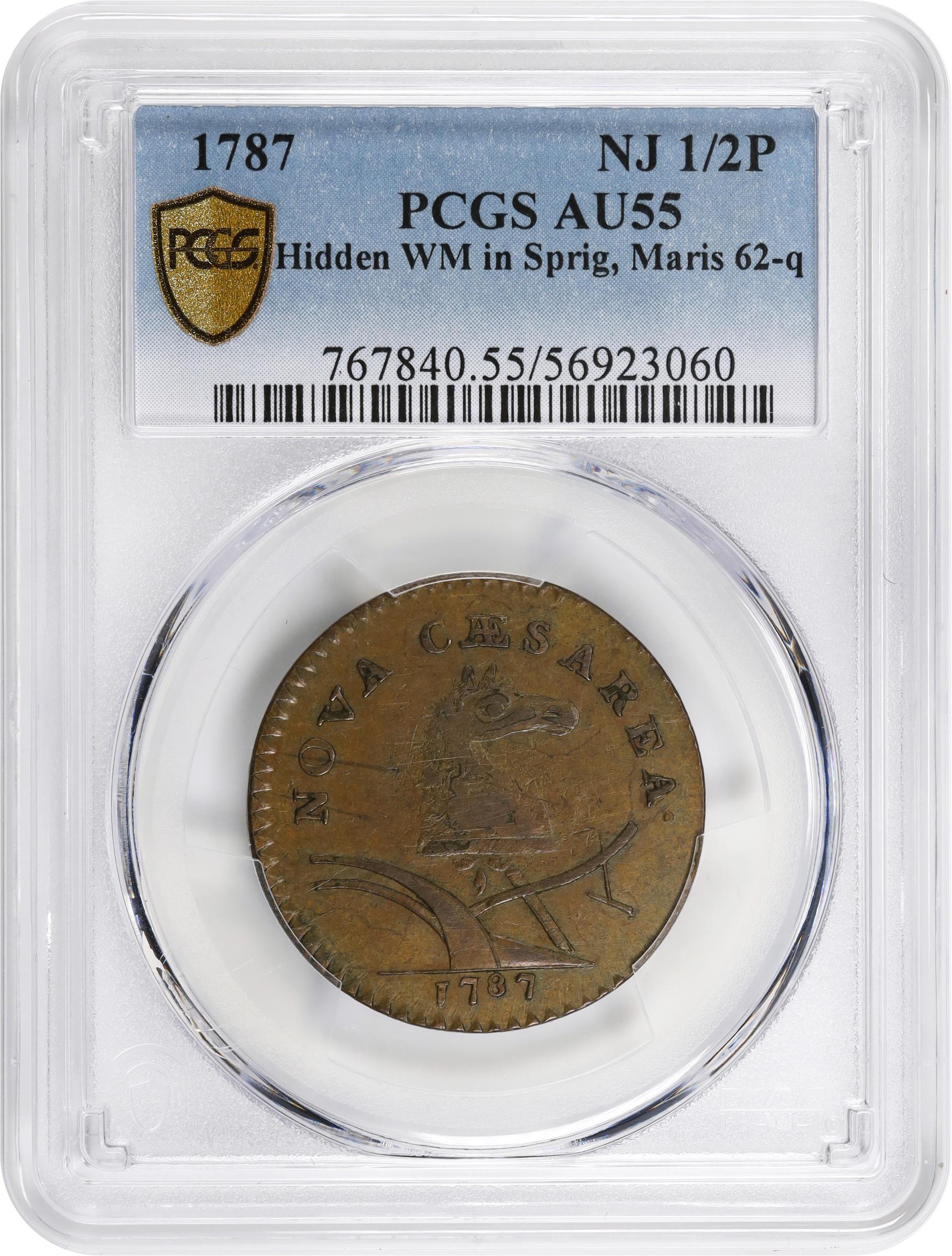 image for: 1787 New Jersey Copper. Maris 62-q, W-6360. Rarity-3. Sprig Above Plow, Hidden WM. Large Planchet. AU-55 (PCGS).