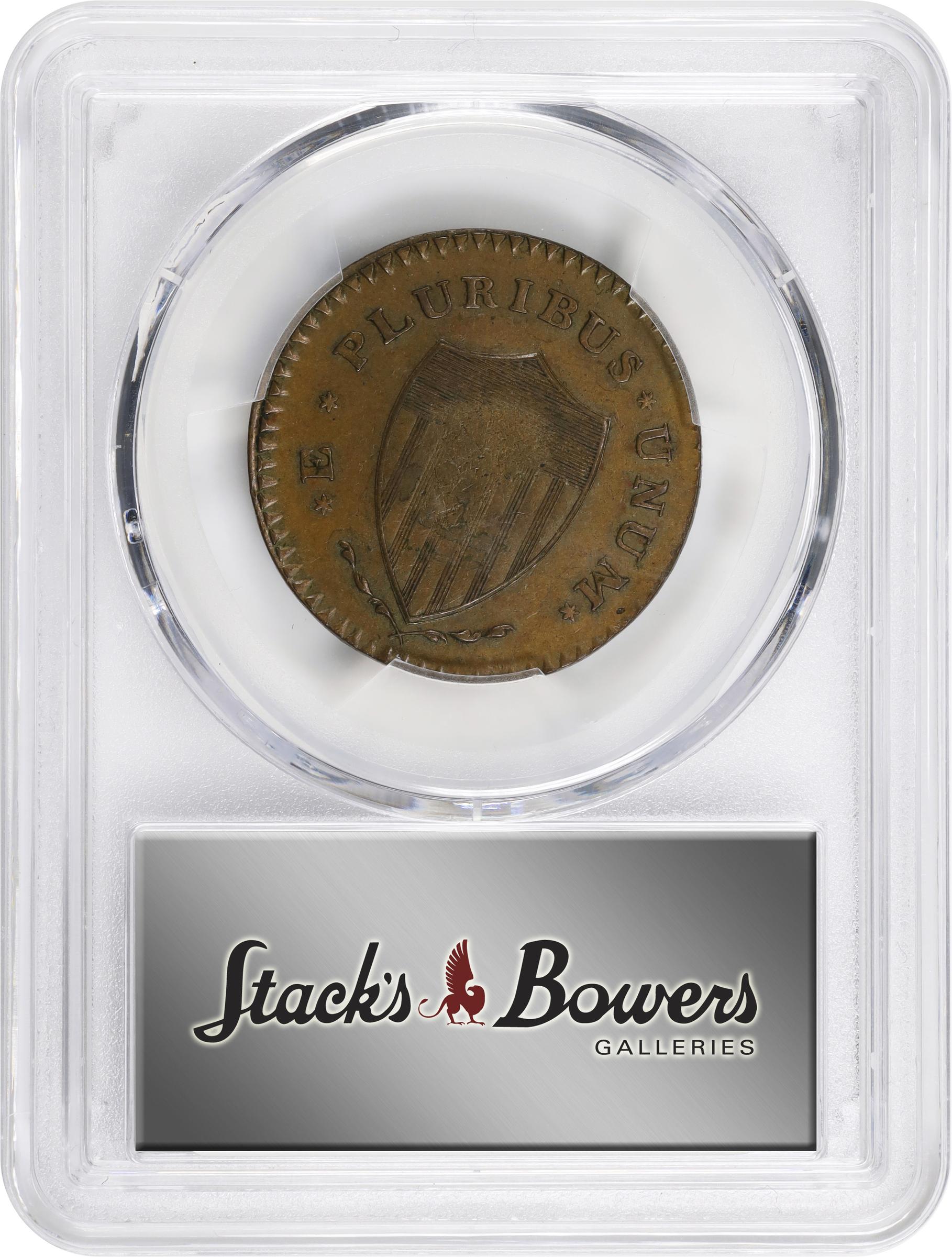 image for: 1787 New Jersey Copper. Maris 62-q, W-6360. Rarity-3. Sprig Above Plow, Hidden WM. Large Planchet. AU-55 (PCGS).