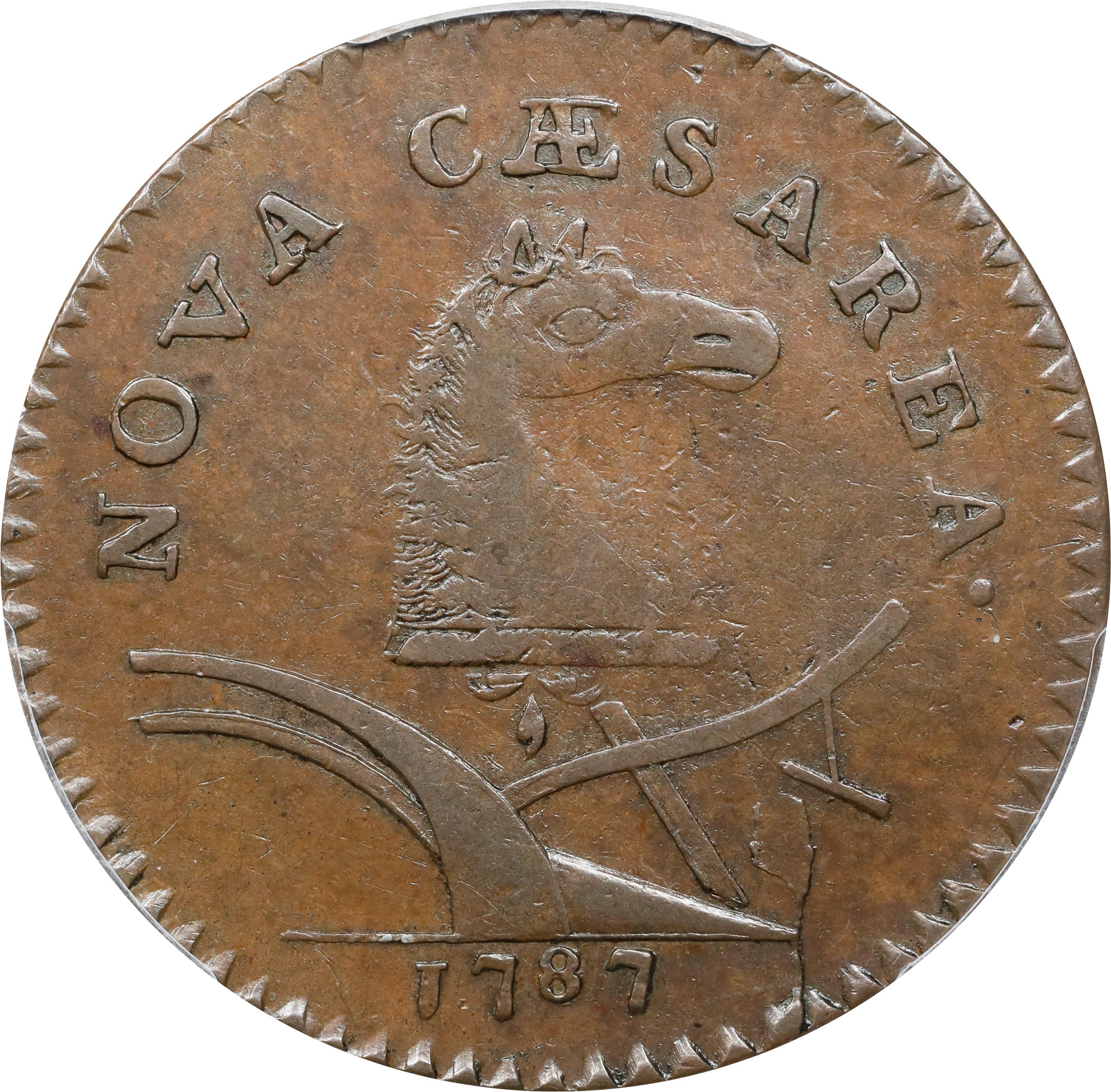 image for: 1787 New Jersey Copper. Maris 62-q, W-5350. Rarity-3. Sprig Above Plow, Hidden WM. Large Planchet. EF-45 (PCGS).