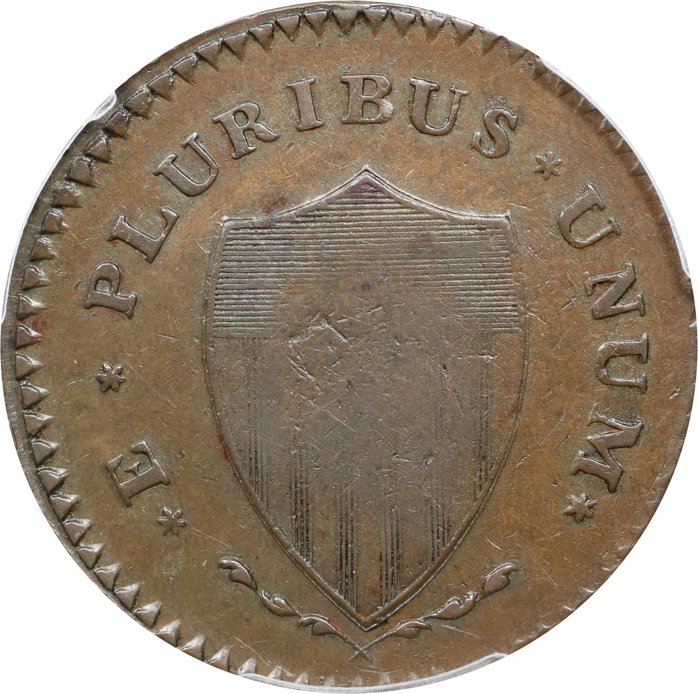 image for: 1787 New Jersey Copper. Maris 62-q, W-5350. Rarity-3. Sprig Above Plow, Hidden WM. Large Planchet. EF-45 (PCGS).