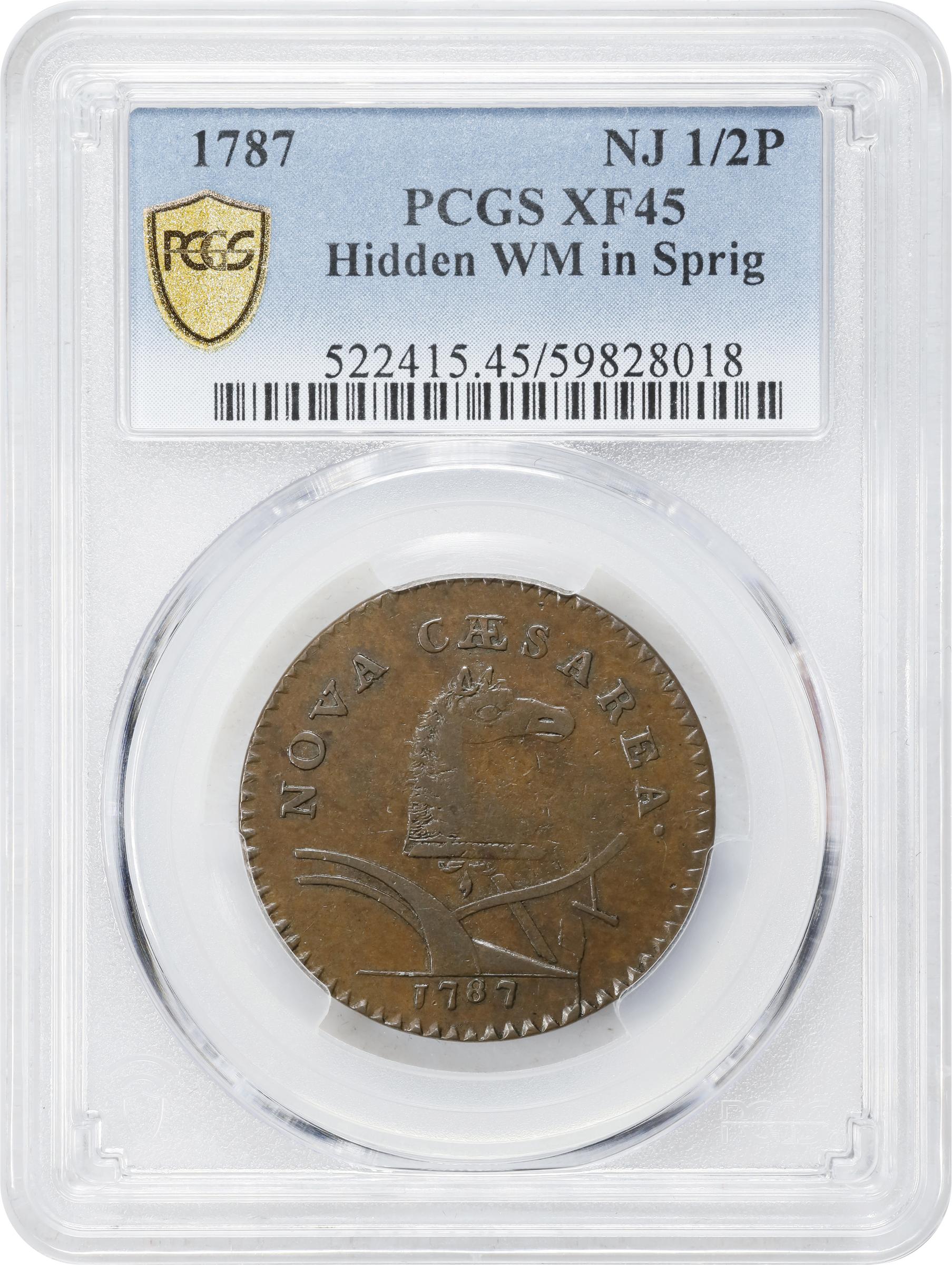 image for: 1787 New Jersey Copper. Maris 62-q, W-5350. Rarity-3. Sprig Above Plow, Hidden WM. Large Planchet. EF-45 (PCGS).