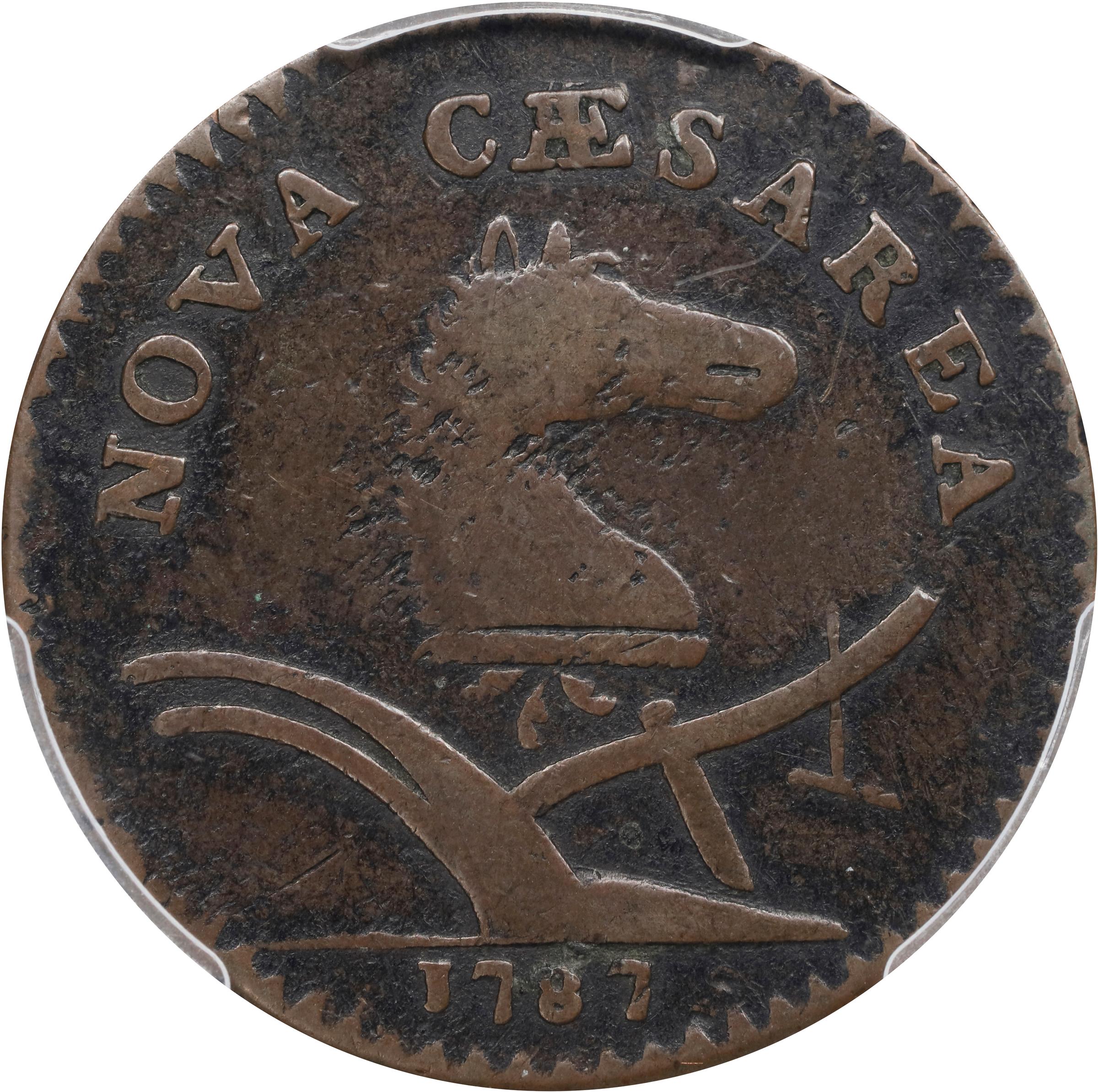 image for: 1787 New Jersey Copper. Maris 63-q, W-5365. Rarity-3. Sprig Above Plow, Broken Shield. Large Planchet. Fine-12 (PCGS).