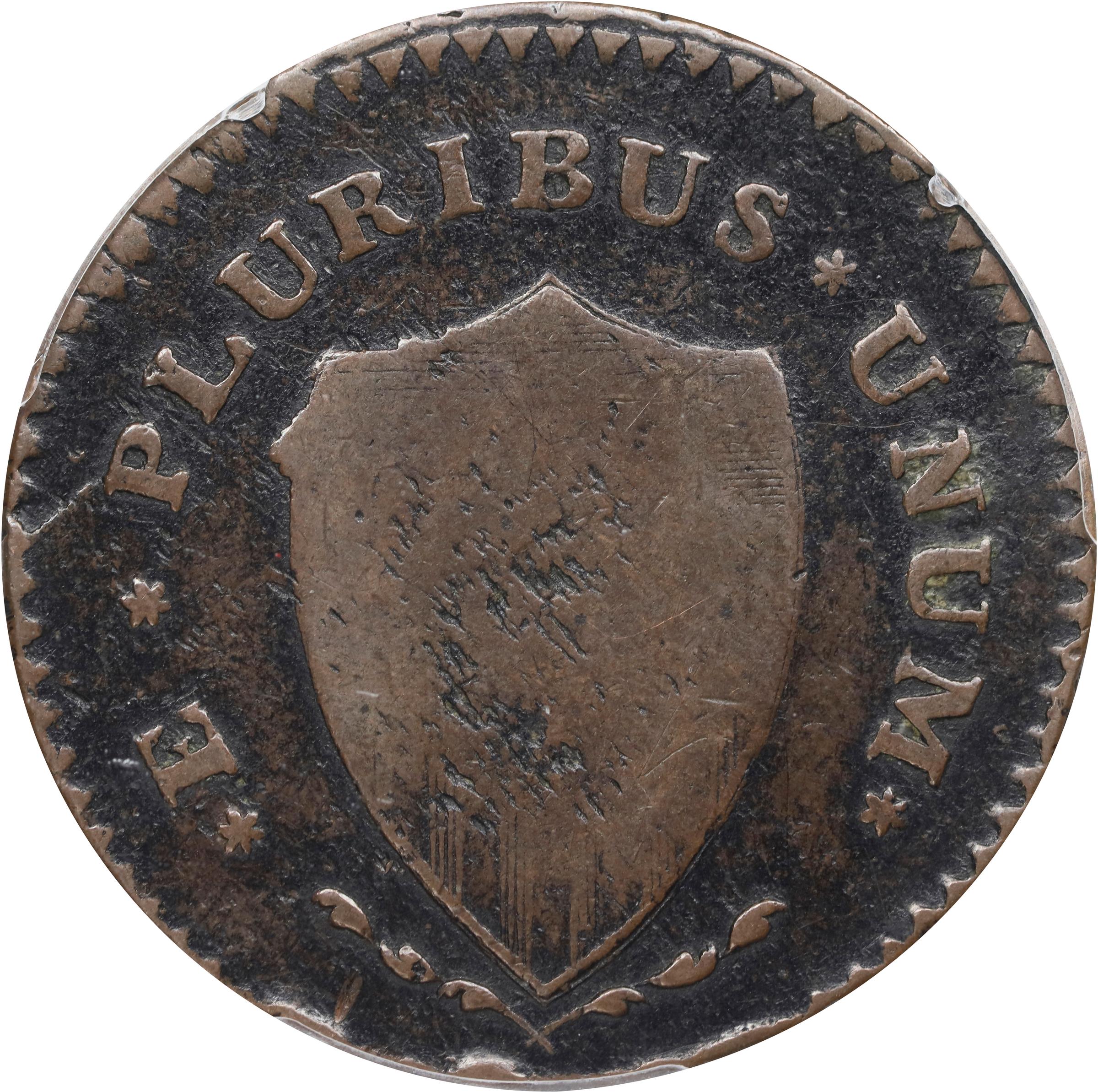 image for: 1787 New Jersey Copper. Maris 63-q, W-5365. Rarity-3. Sprig Above Plow, Broken Shield. Large Planchet. Fine-12 (PCGS).