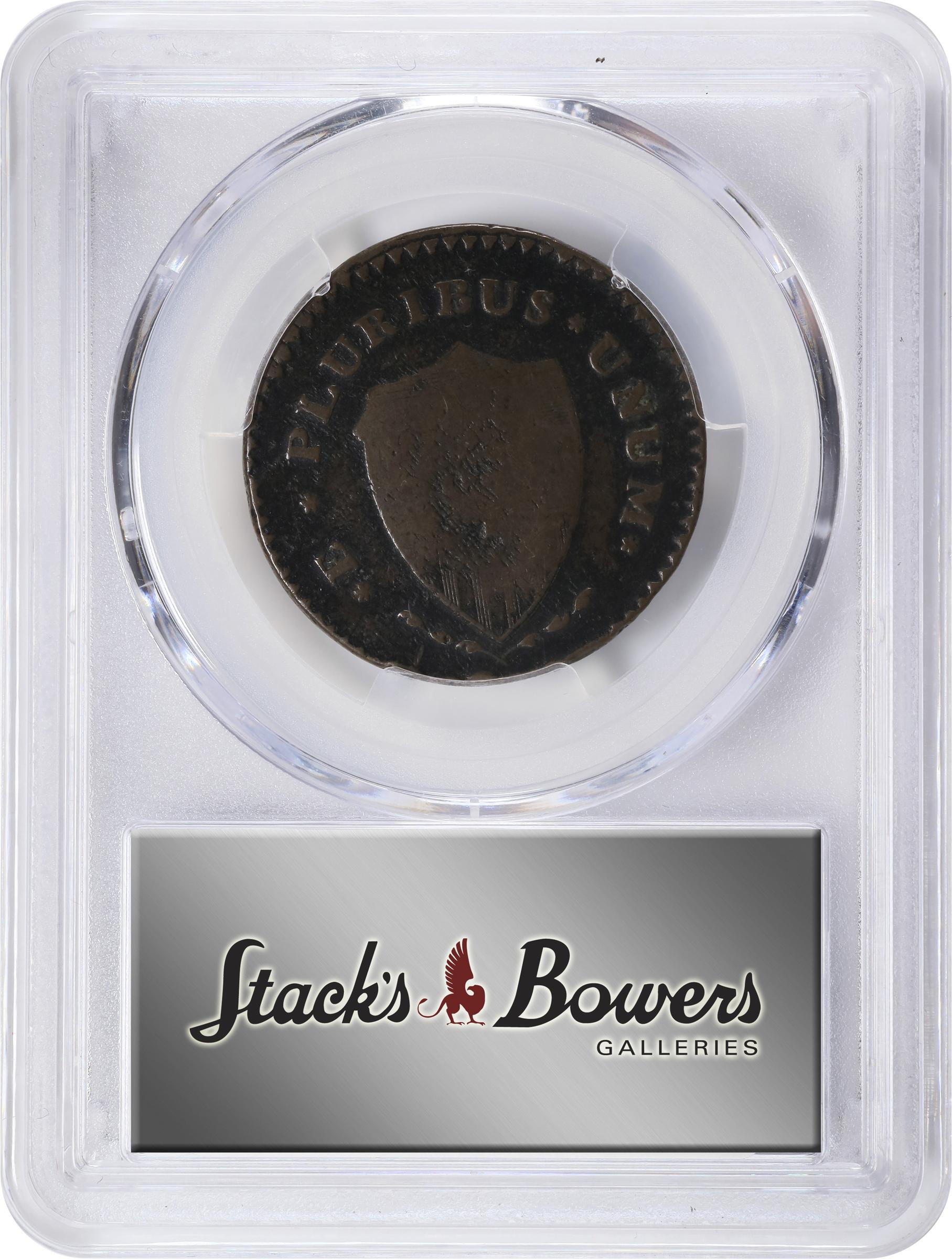 image for: 1787 New Jersey Copper. Maris 63-q, W-5365. Rarity-3. Sprig Above Plow, Broken Shield. Large Planchet. Fine-12 (PCGS).