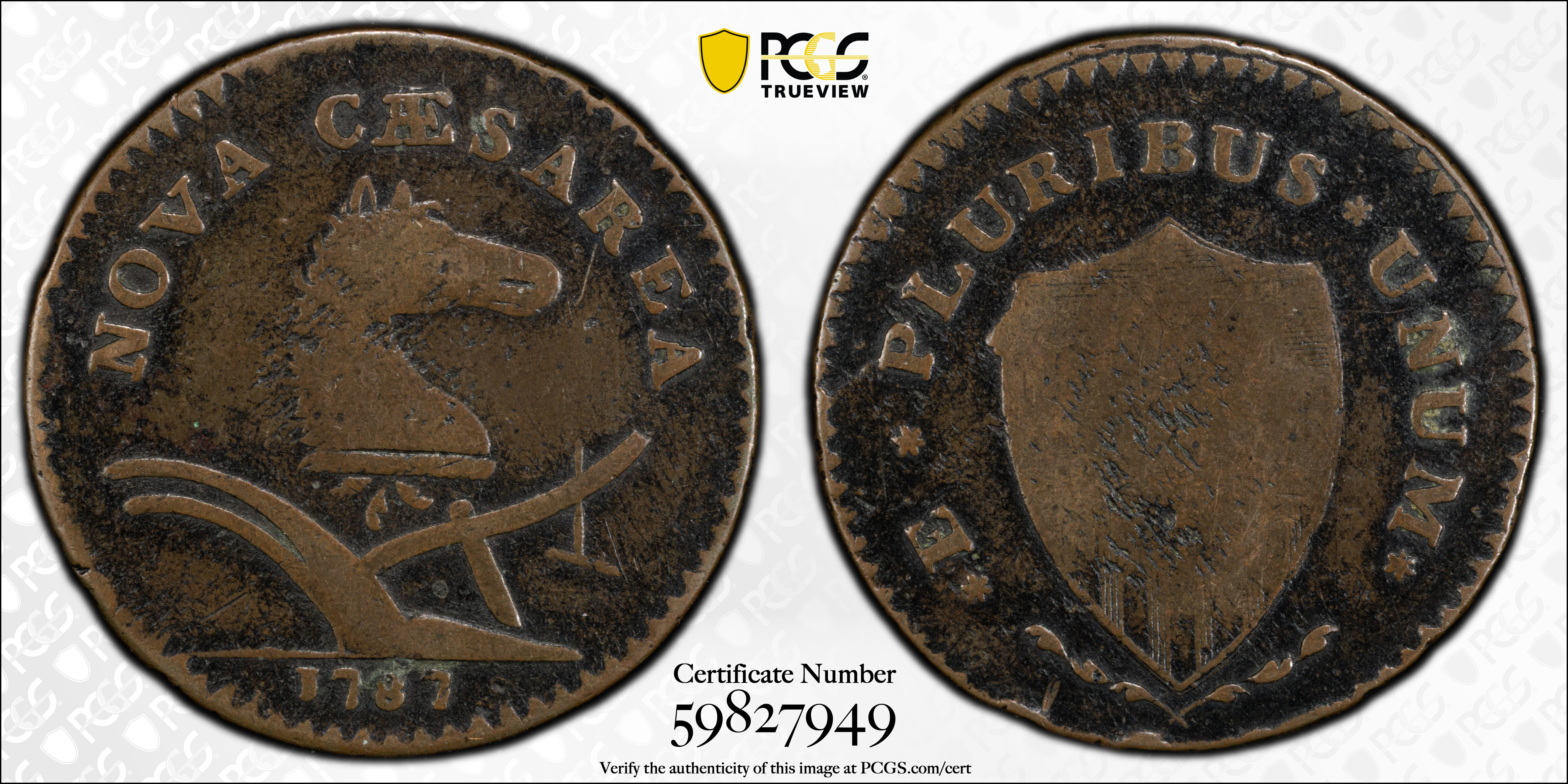 image for: 1787 New Jersey Copper. Maris 63-q, W-5365. Rarity-3. Sprig Above Plow, Broken Shield. Large Planchet. Fine-12 (PCGS).
