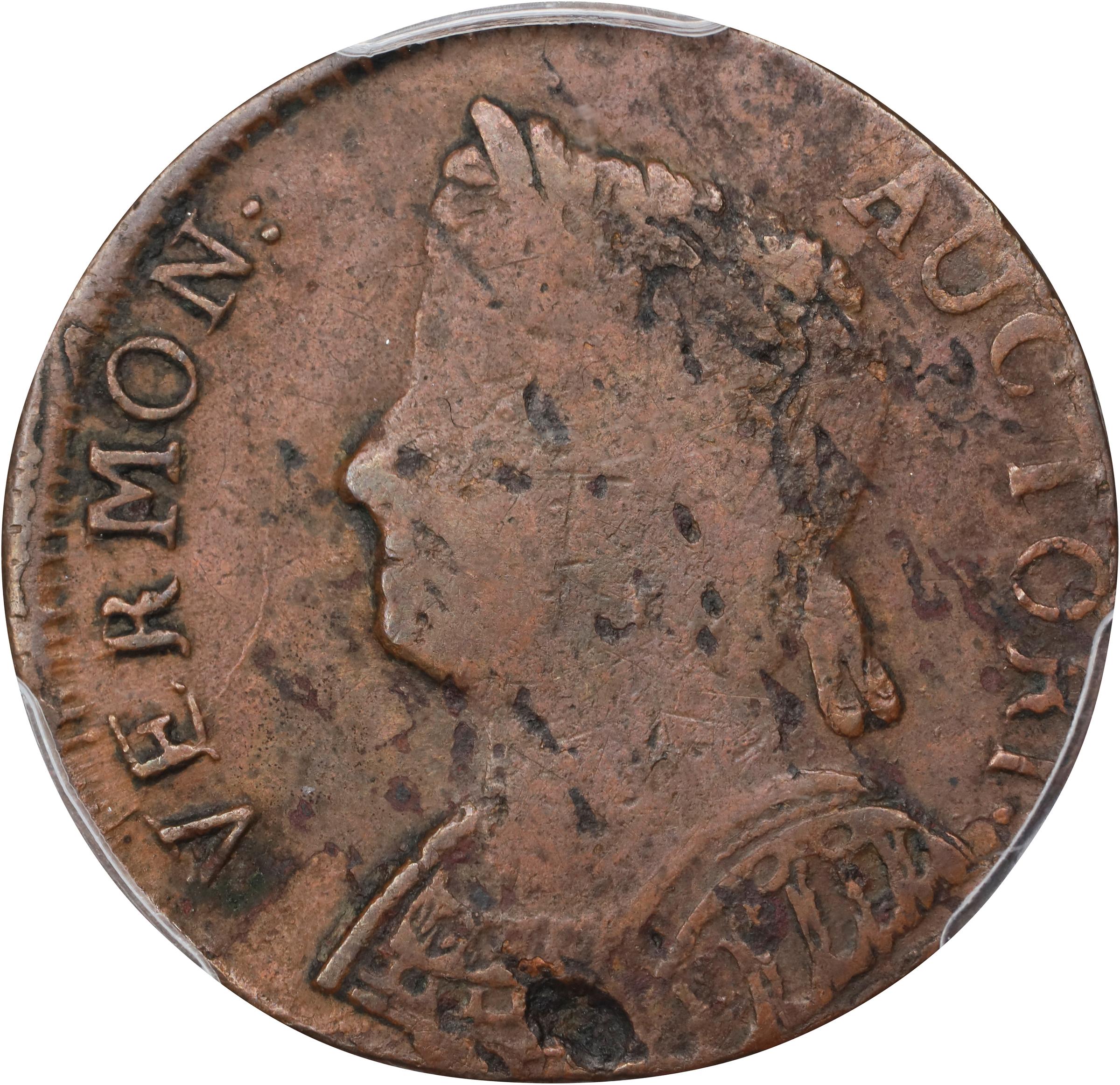 image for: 1786 Vermont Copper. RR-10, Bressett 8-G, W-2045. Rarity-4. Bust Left. VF-20 (PCGS).