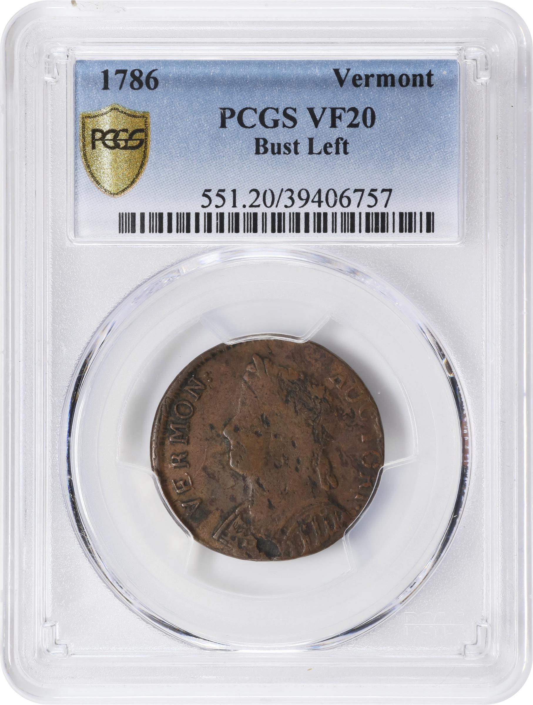 image for: 1786 Vermont Copper. RR-10, Bressett 8-G, W-2045. Rarity-4. Bust Left. VF-20 (PCGS).