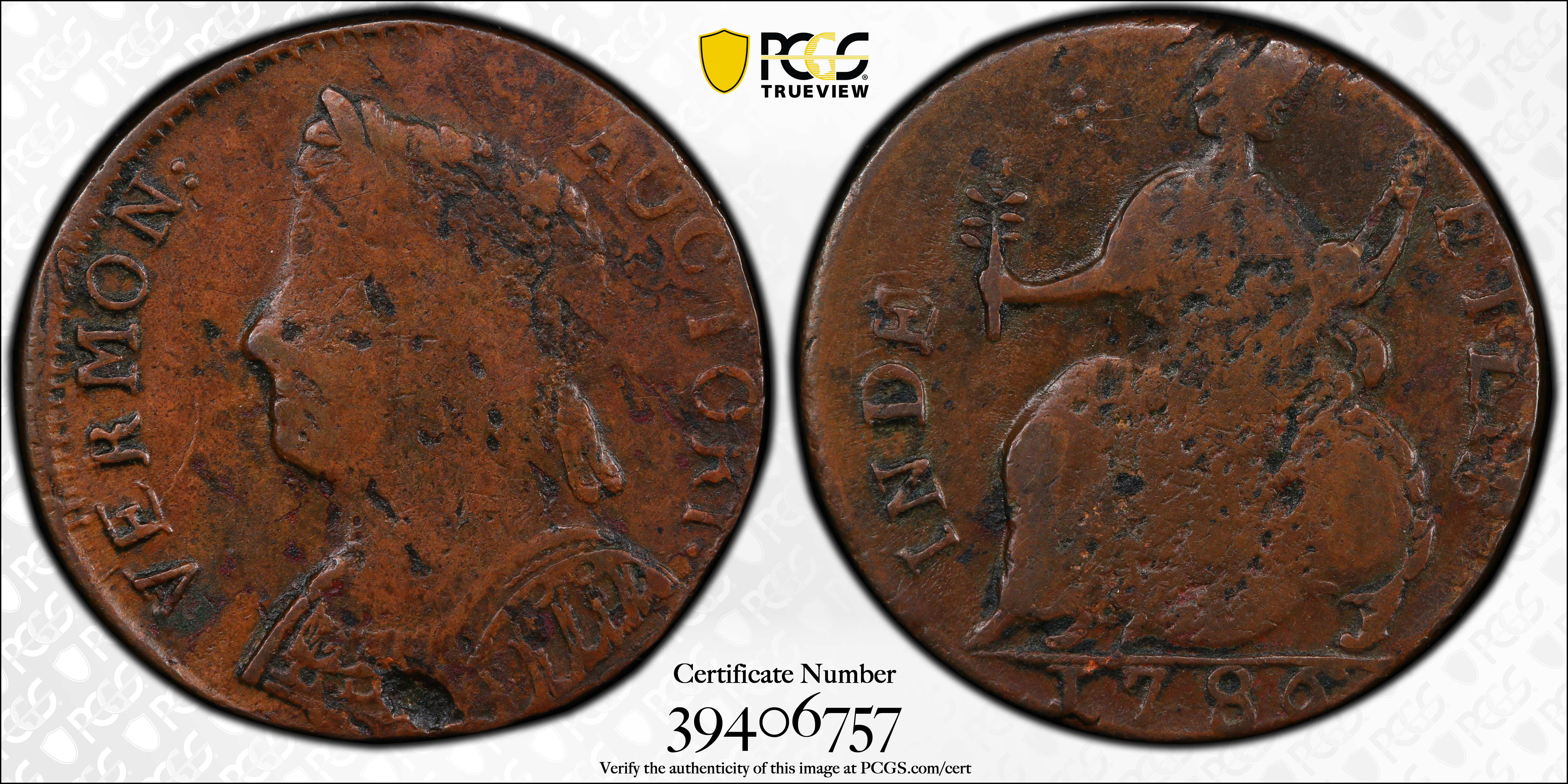 image for: 1786 Vermont Copper. RR-10, Bressett 8-G, W-2045. Rarity-4. Bust Left. VF-20 (PCGS).