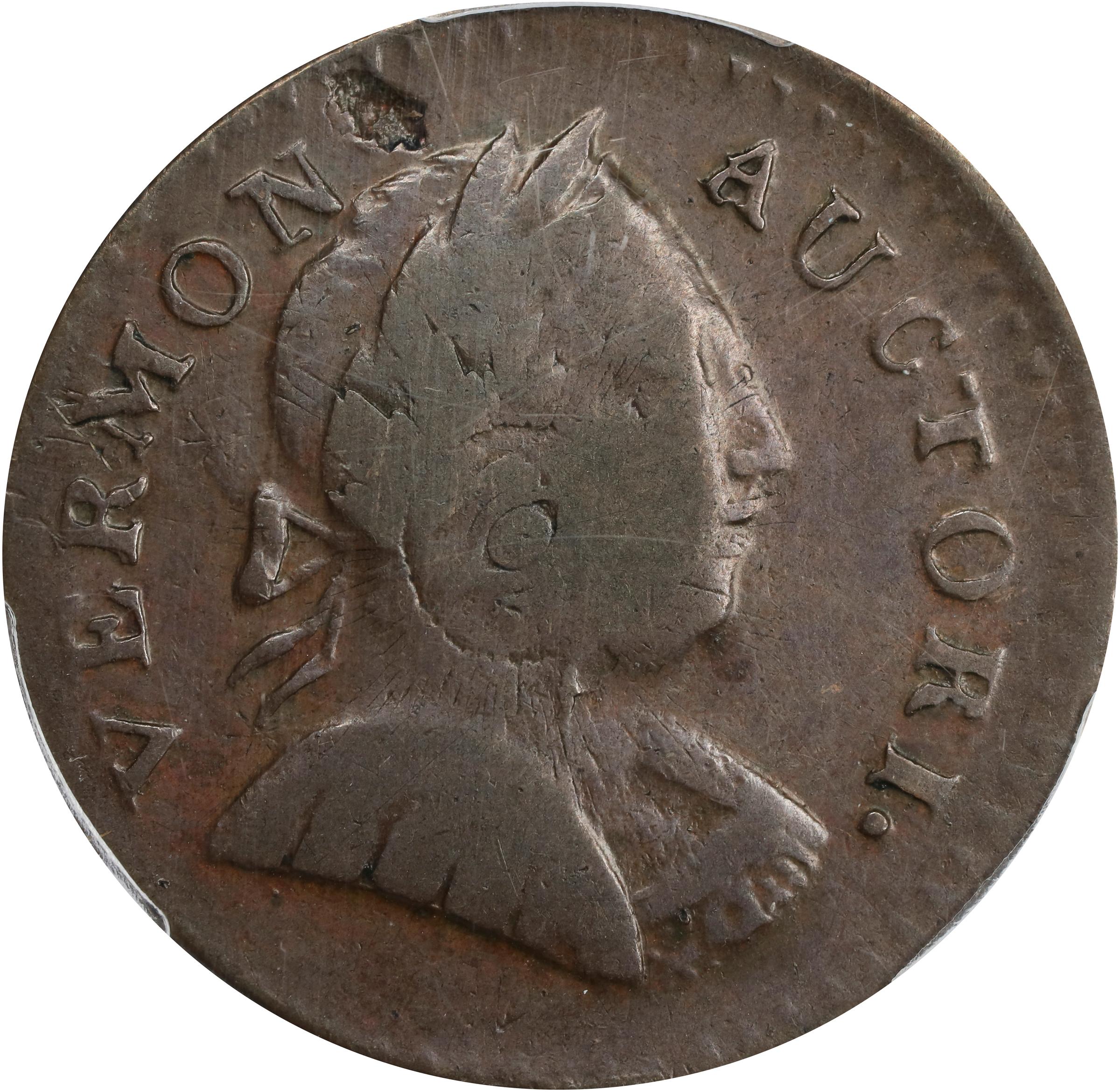 image for: 1787 Vermont Copper. RR-14, Bressett 10-K, W-2105. Rarity-3. Bust Right. Overstruck on a Nova Constellatio Copper. VF-35 (PCGS).