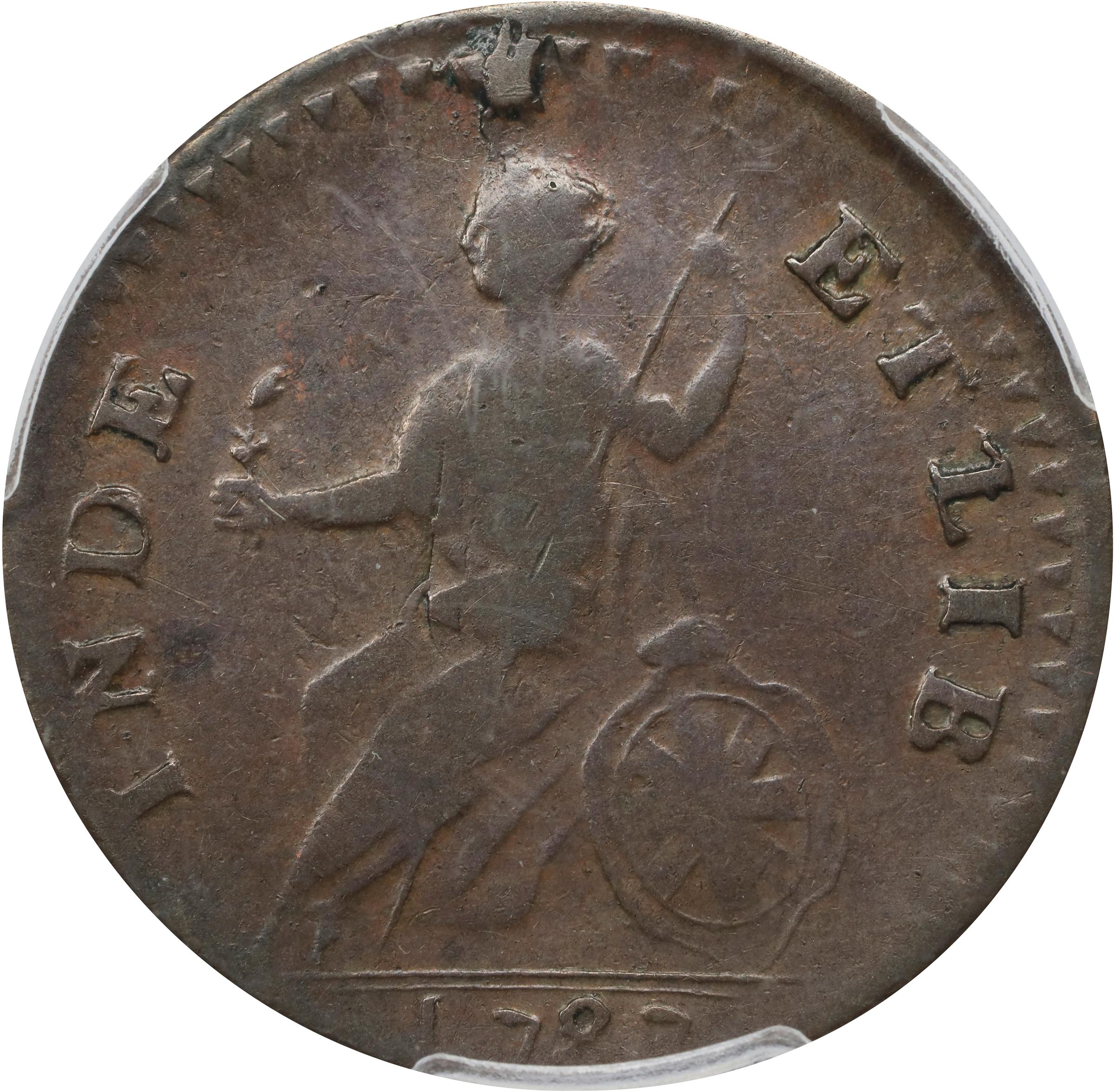 image for: 1787 Vermont Copper. RR-14, Bressett 10-K, W-2105. Rarity-3. Bust Right. Overstruck on a Nova Constellatio Copper. VF-35 (PCGS).