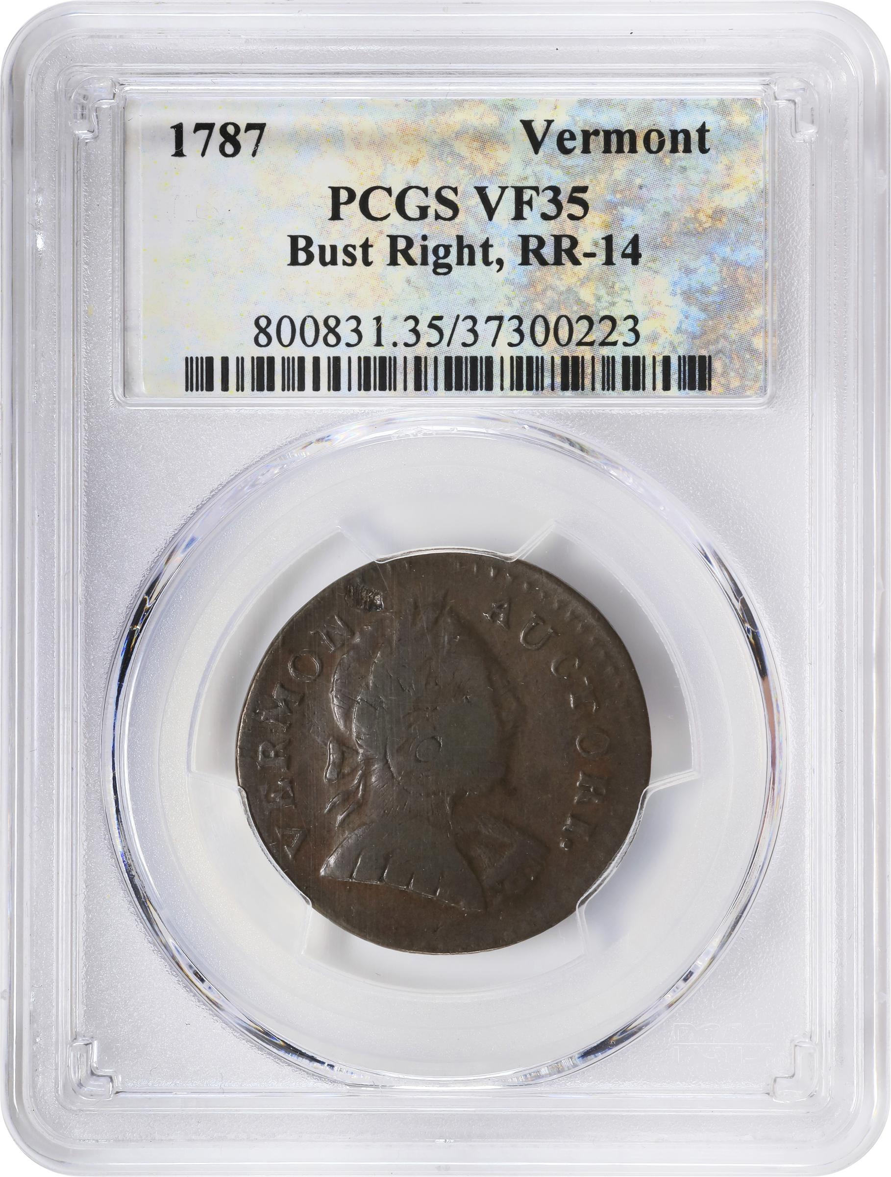 image for: 1787 Vermont Copper. RR-14, Bressett 10-K, W-2105. Rarity-3. Bust Right. Overstruck on a Nova Constellatio Copper. VF-35 (PCGS).
