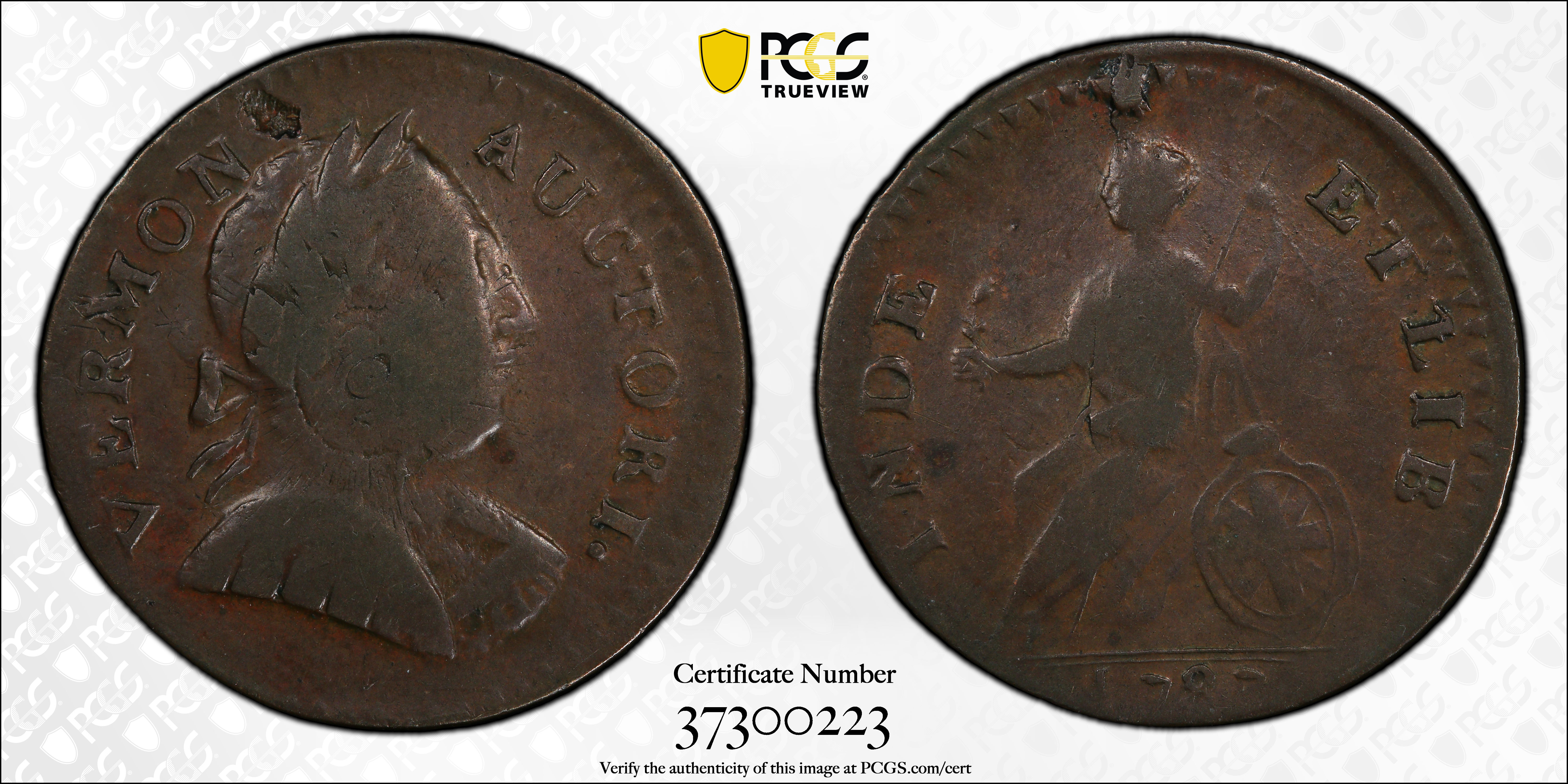 image for: 1787 Vermont Copper. RR-14, Bressett 10-K, W-2105. Rarity-3. Bust Right. Overstruck on a Nova Constellatio Copper. VF-35 (PCGS).