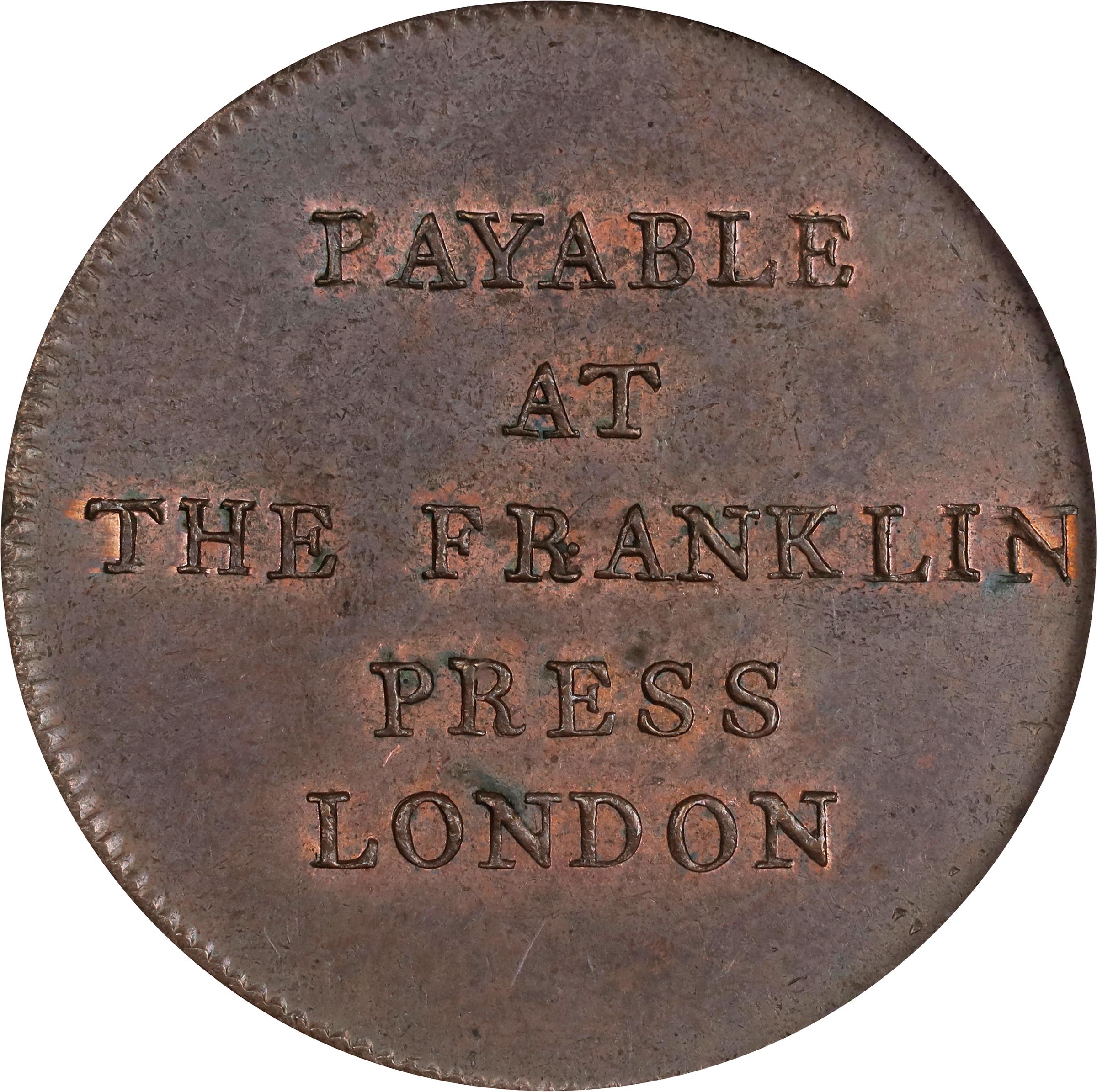 image for: 1794 Franklin Press Token. W-8850. Rarity-1. Plain Edge. MS-65 BN (NGC).