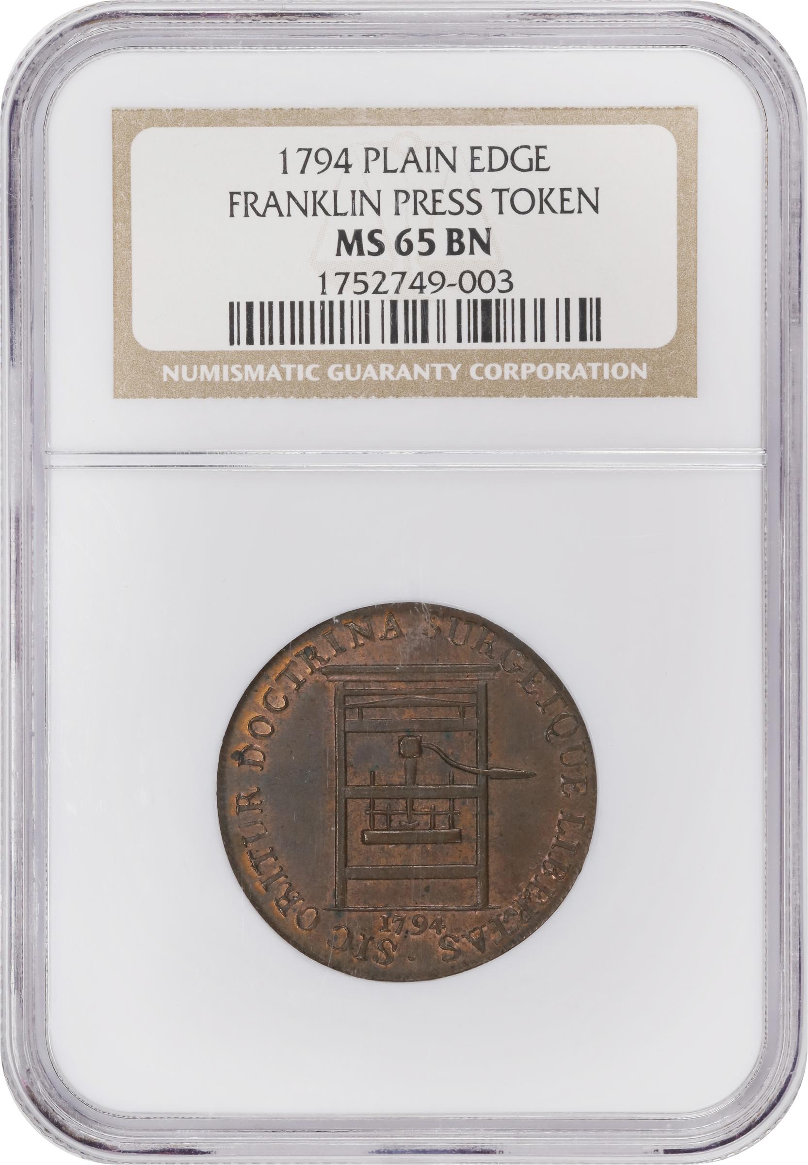 image for: 1794 Franklin Press Token. W-8850. Rarity-1. Plain Edge. MS-65 BN (NGC).