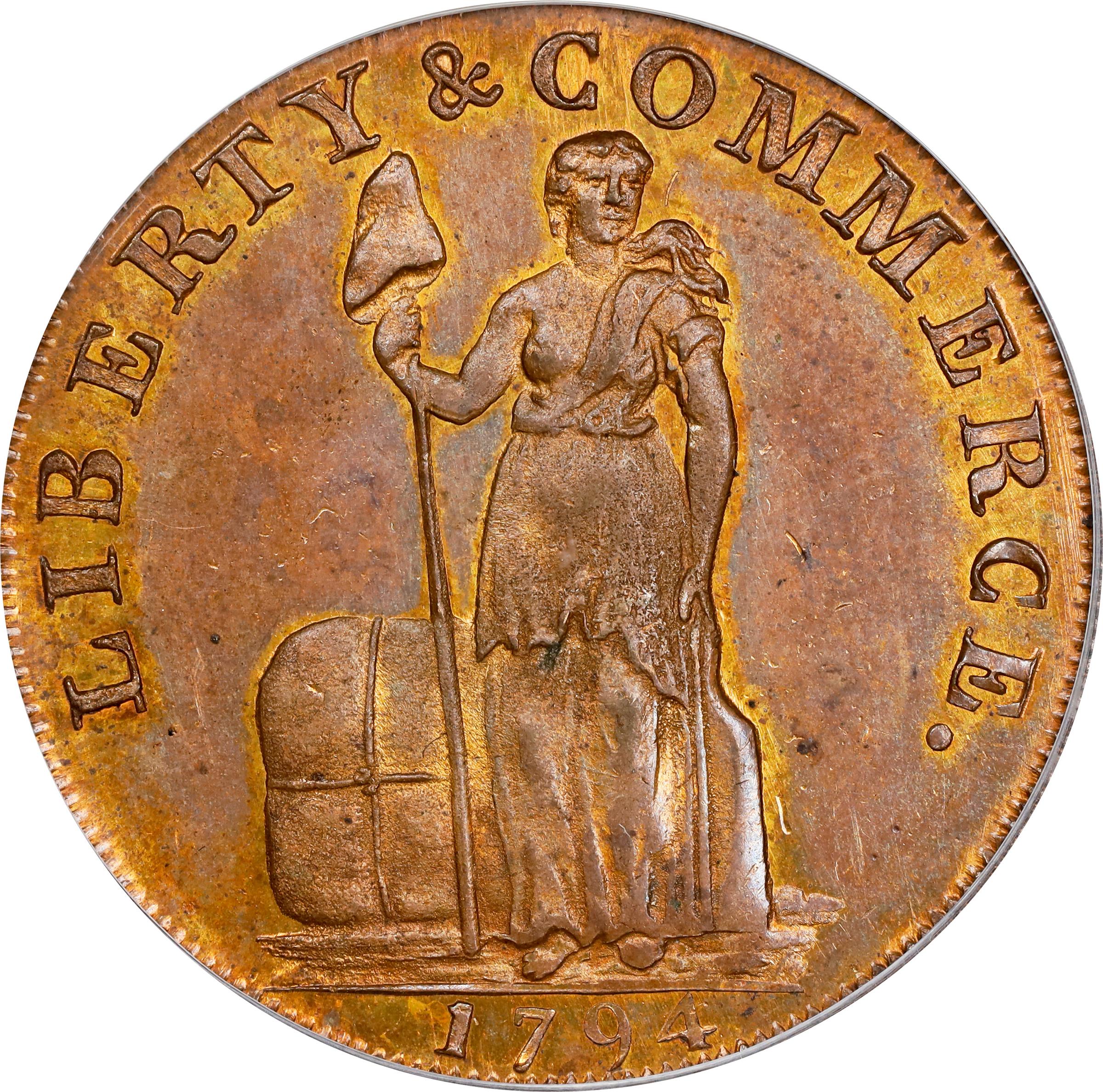 image for: 1794 Talbot, Allum & Lee Cent. Fuld-4, W-8590. Rarity-2. With NEW YORK. Small & on Reverse. Copper. Lettered Edge. Proof-65 RB (PCGS).