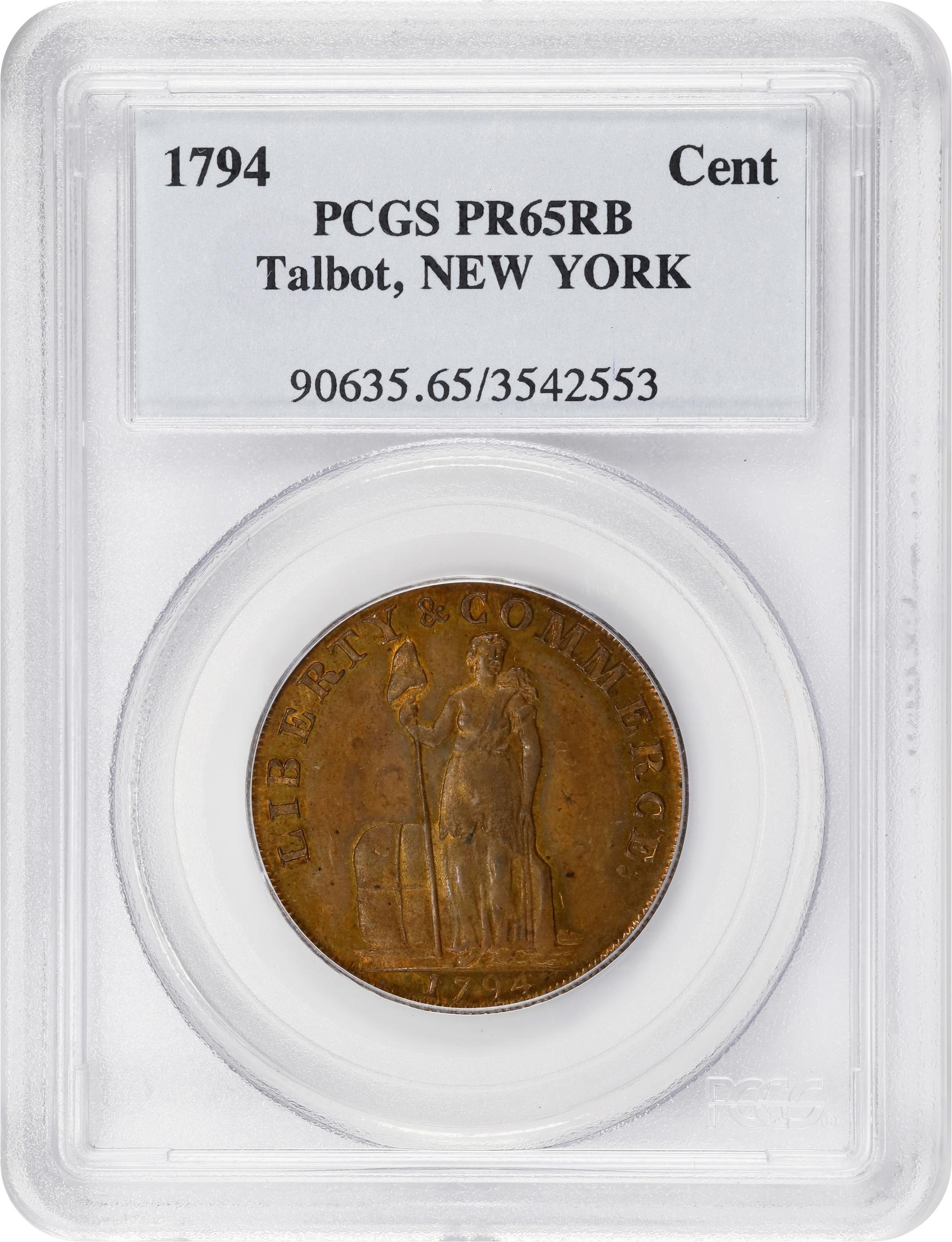 image for: 1794 Talbot, Allum & Lee Cent. Fuld-4, W-8590. Rarity-2. With NEW YORK. Small & on Reverse. Copper. Lettered Edge. Proof-65 RB (PCGS).