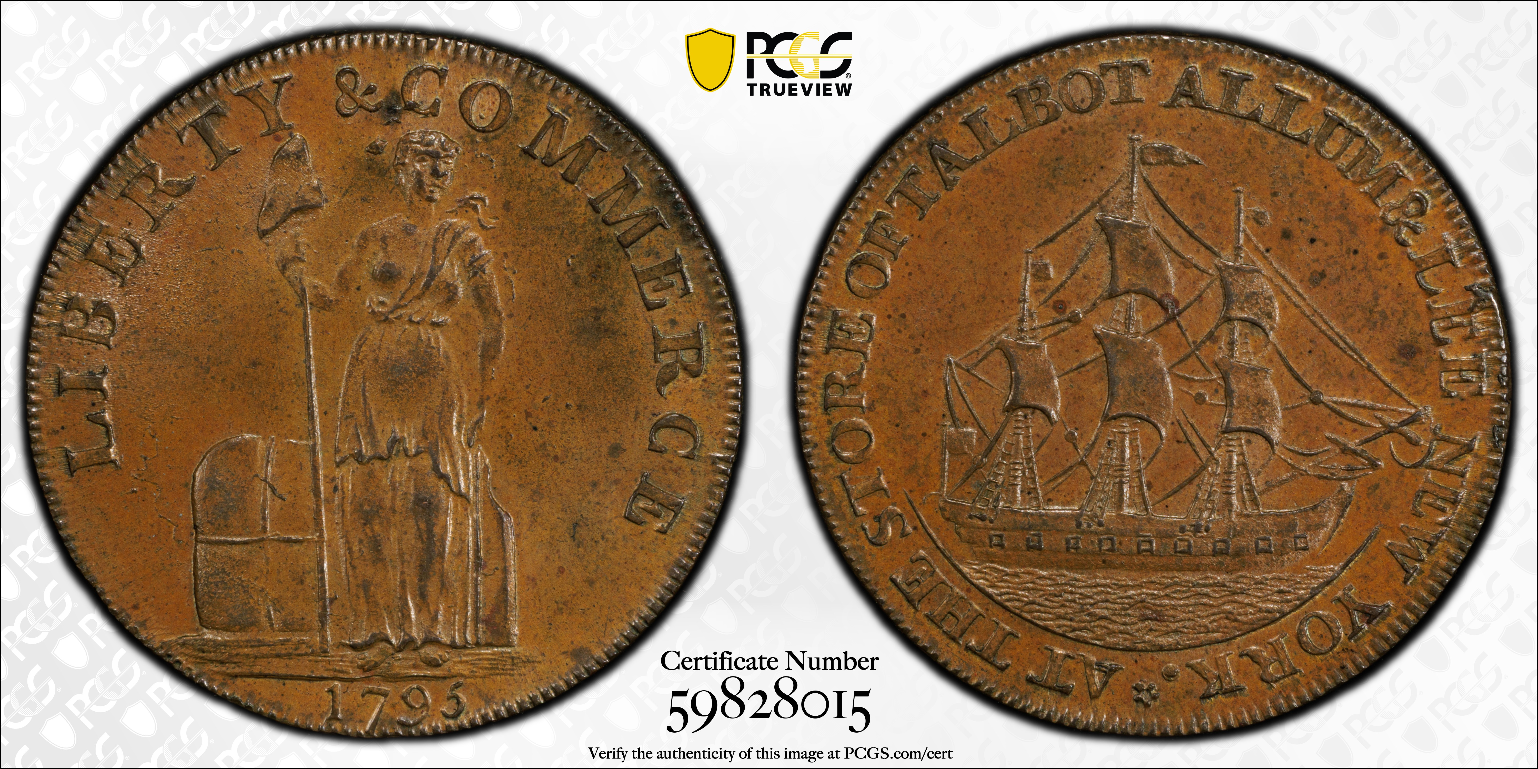 image for: 1795 Talbot, Allum & Lee Cent. Fuld-1, W-8620. Rarity-1. Lettered Edge: WE PROMISE TO PAY THE BEARER ONE CENT. MS-64 BN (PCGS).