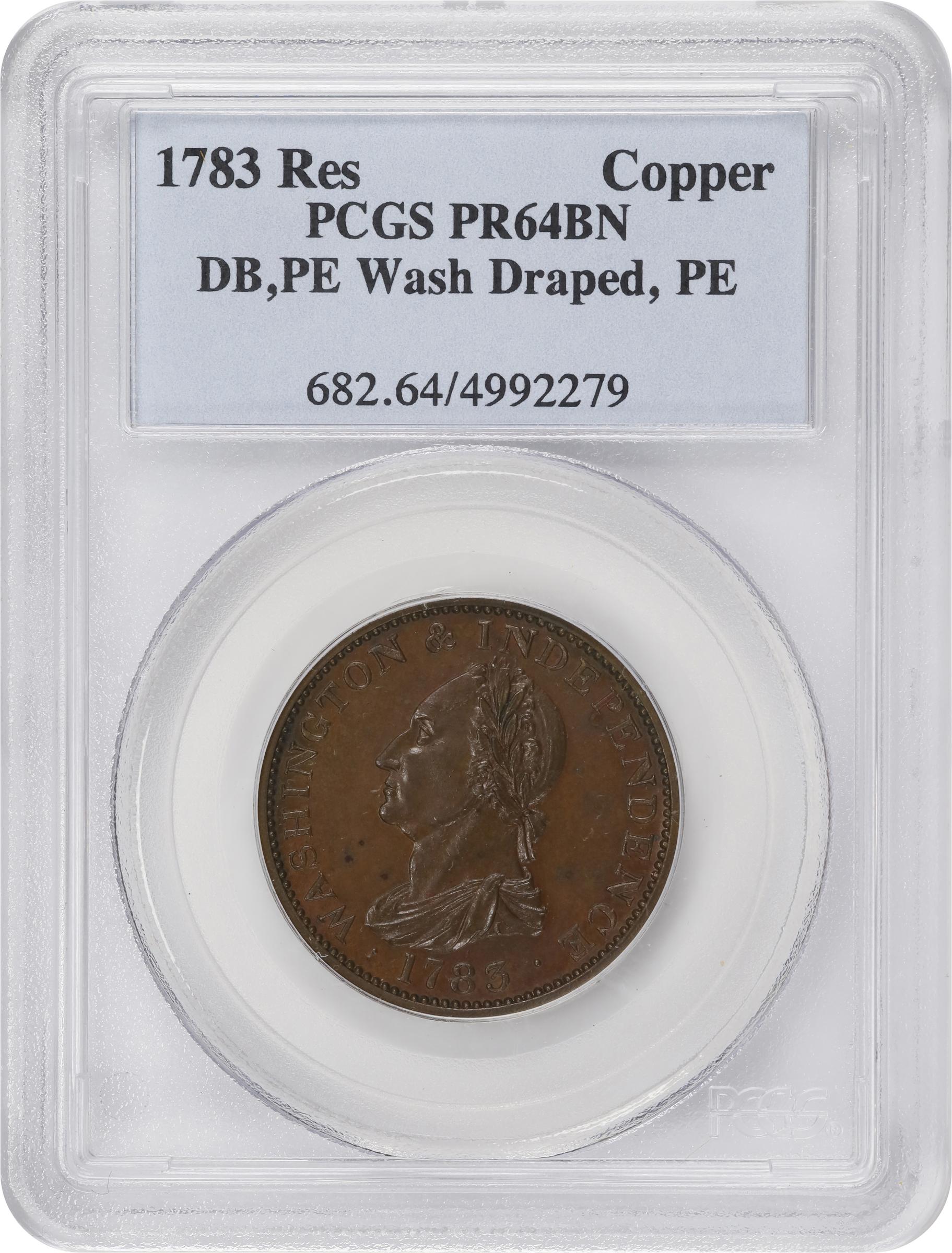 image for: "1783" (ca. 1860) Washington Draped Bust Copper. Restrike. Musante GW-106B, Vlack 14-J, Baker-3E, W-10310. No Button. Copper. Plain Edge. Proof-64 BN (PCGS).