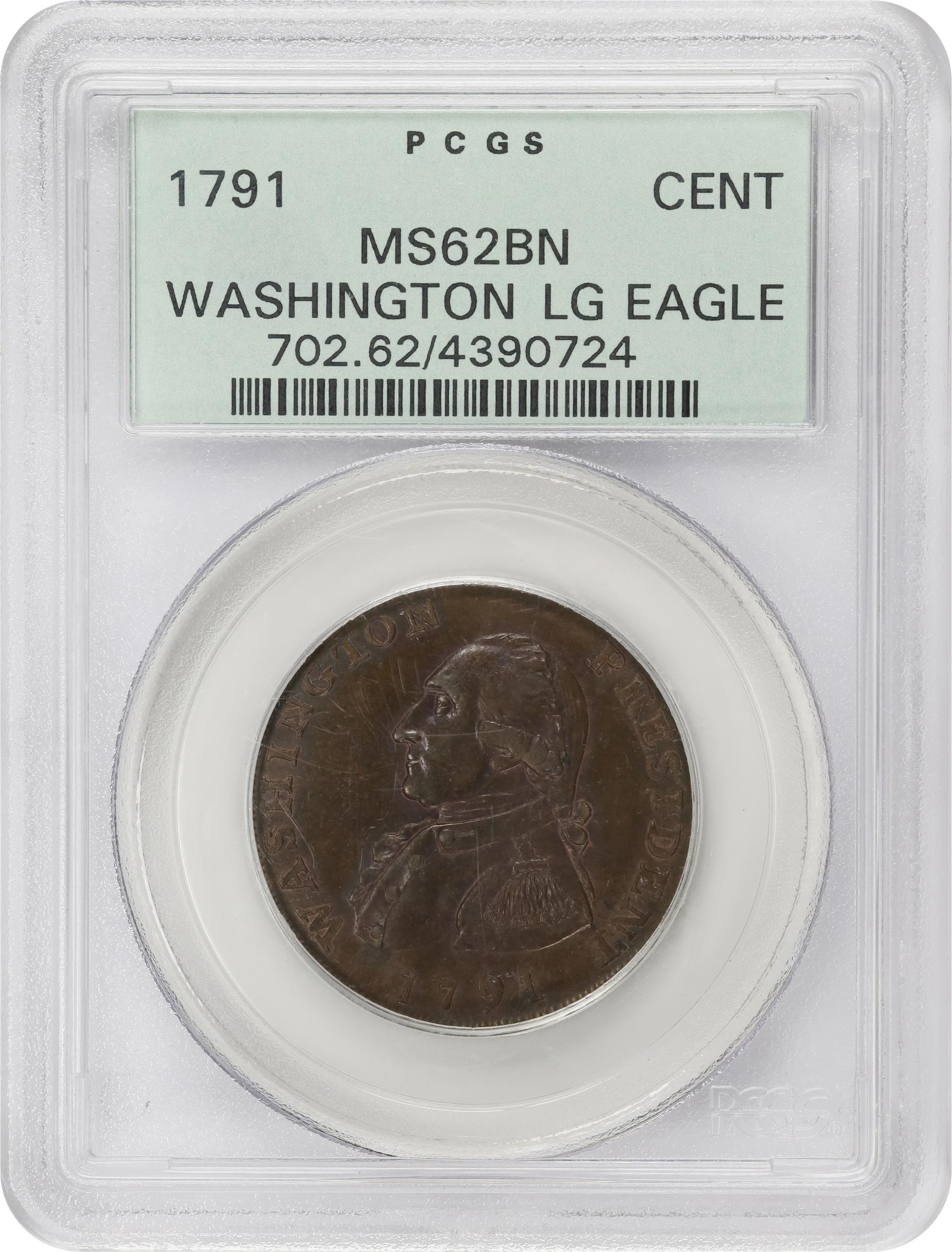 image for: 1791 Washington Large Eagle Cent. Musante GW-15, Baker-15, W-10610. Lettered Edge. MS-62 BN (PCGS). OGH.