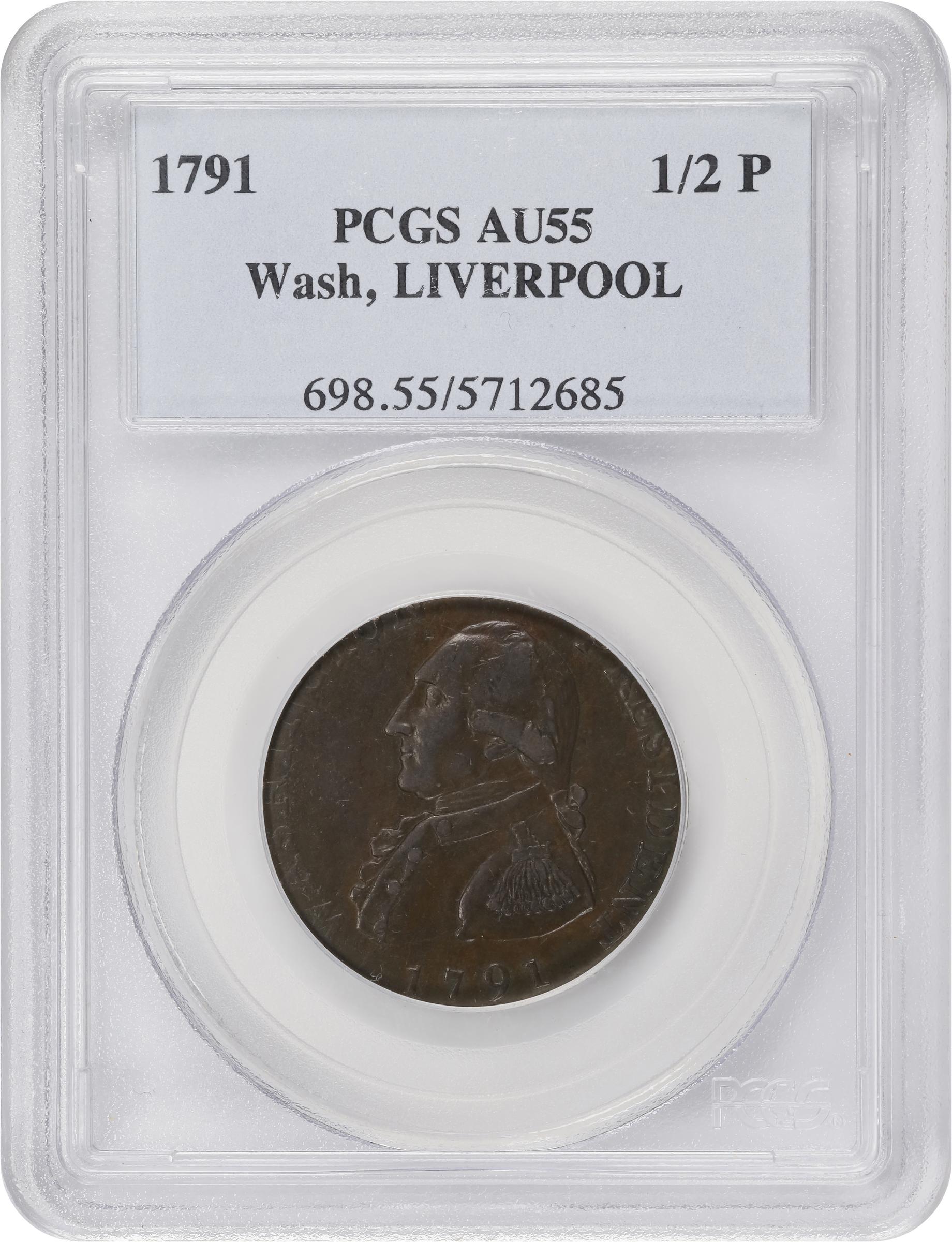 image for: 1791 Washington Liverpool Halfpenny. Musante GW-19, Baker-17, W-10650. Copper. Lettered Edge. AU-55 (PCGS).
