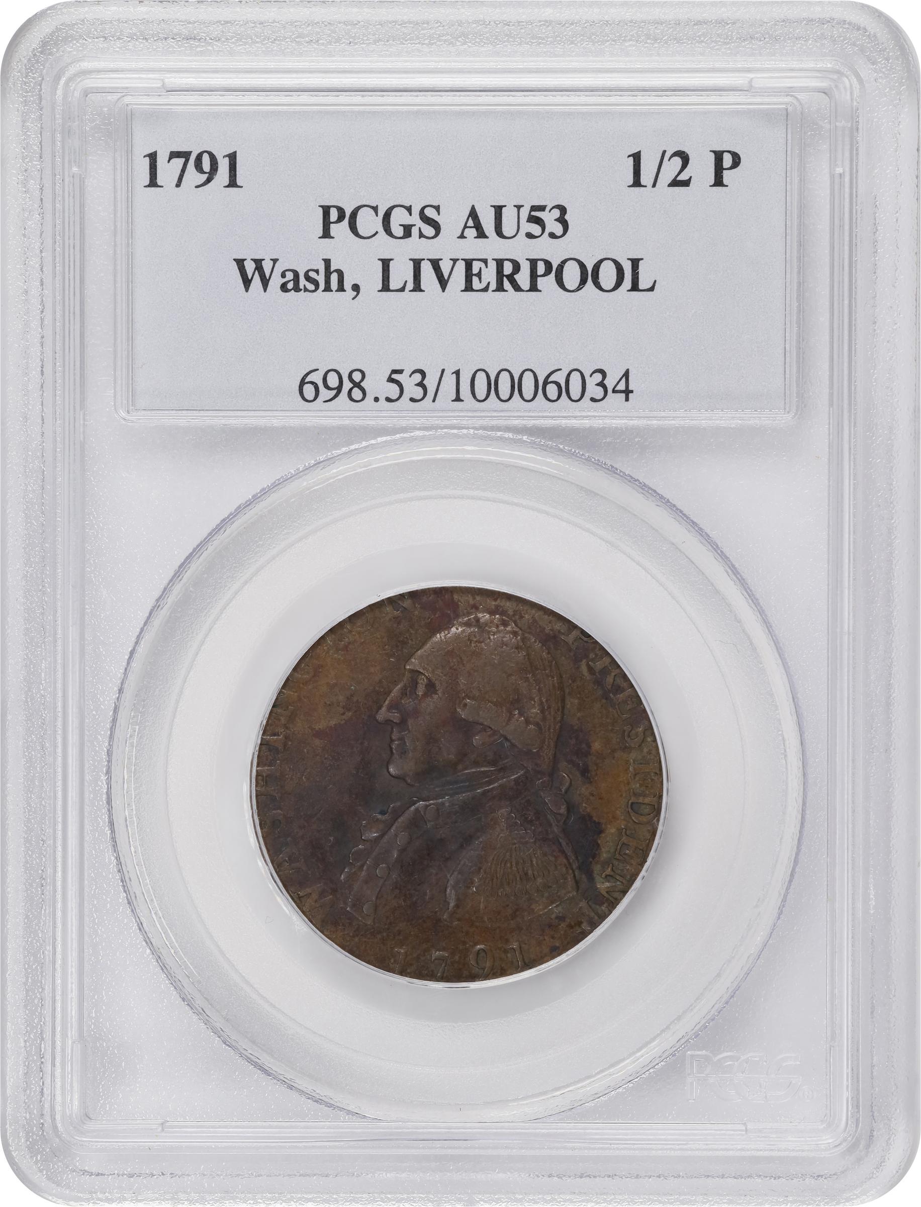 image for: 1791 Washington Liverpool Halfpenny. Musante GW-19, Baker-17, W-10650. Copper. Lettered Edge. AU-53 (PCGS).