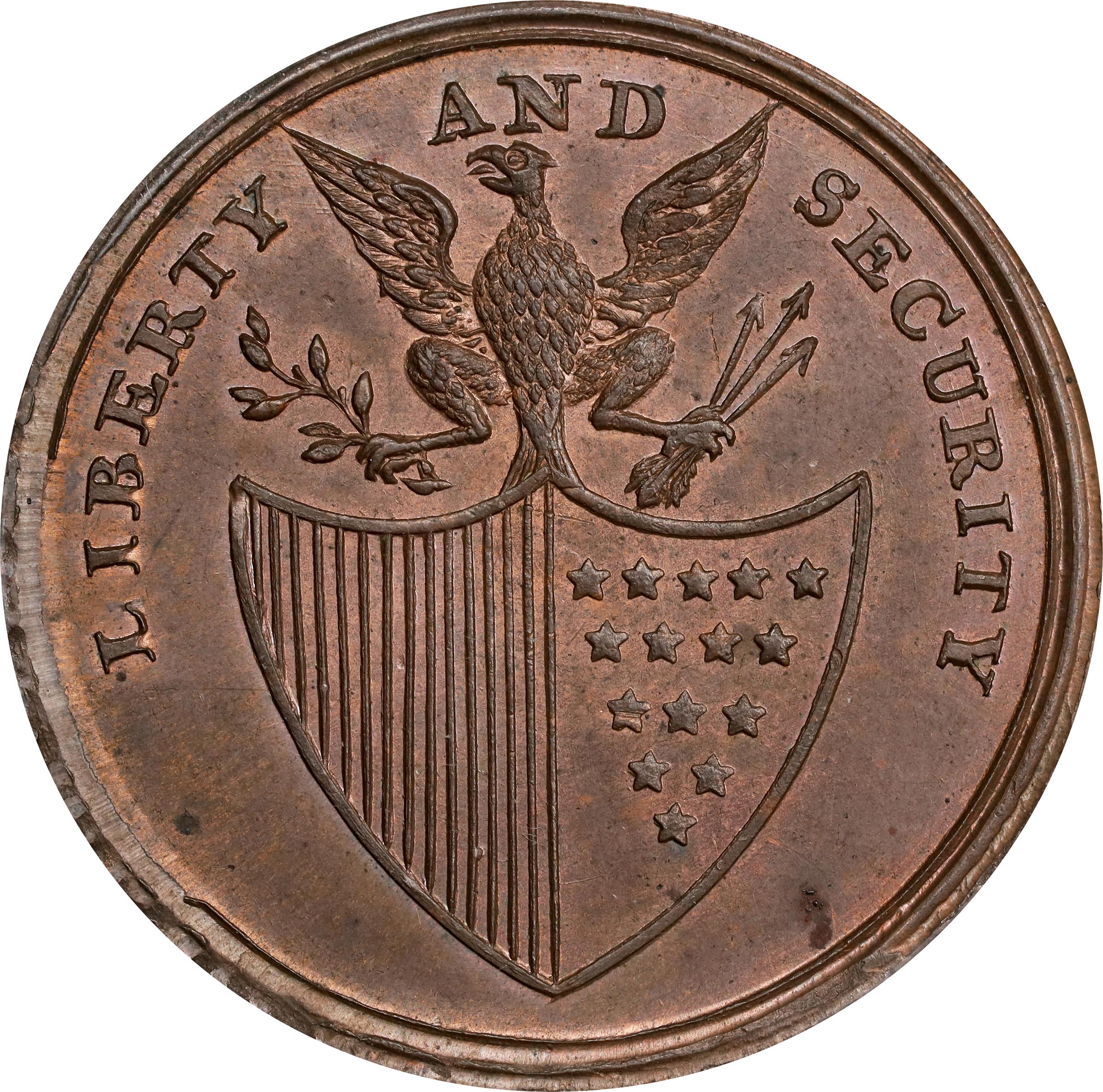 image for: Undated (ca. 1795) Washington Liberty and Security Penny. Musante GW-45, Baker-30, W-11050. Copper. ASYLUM Edge. MS-64 RB (PCGS).