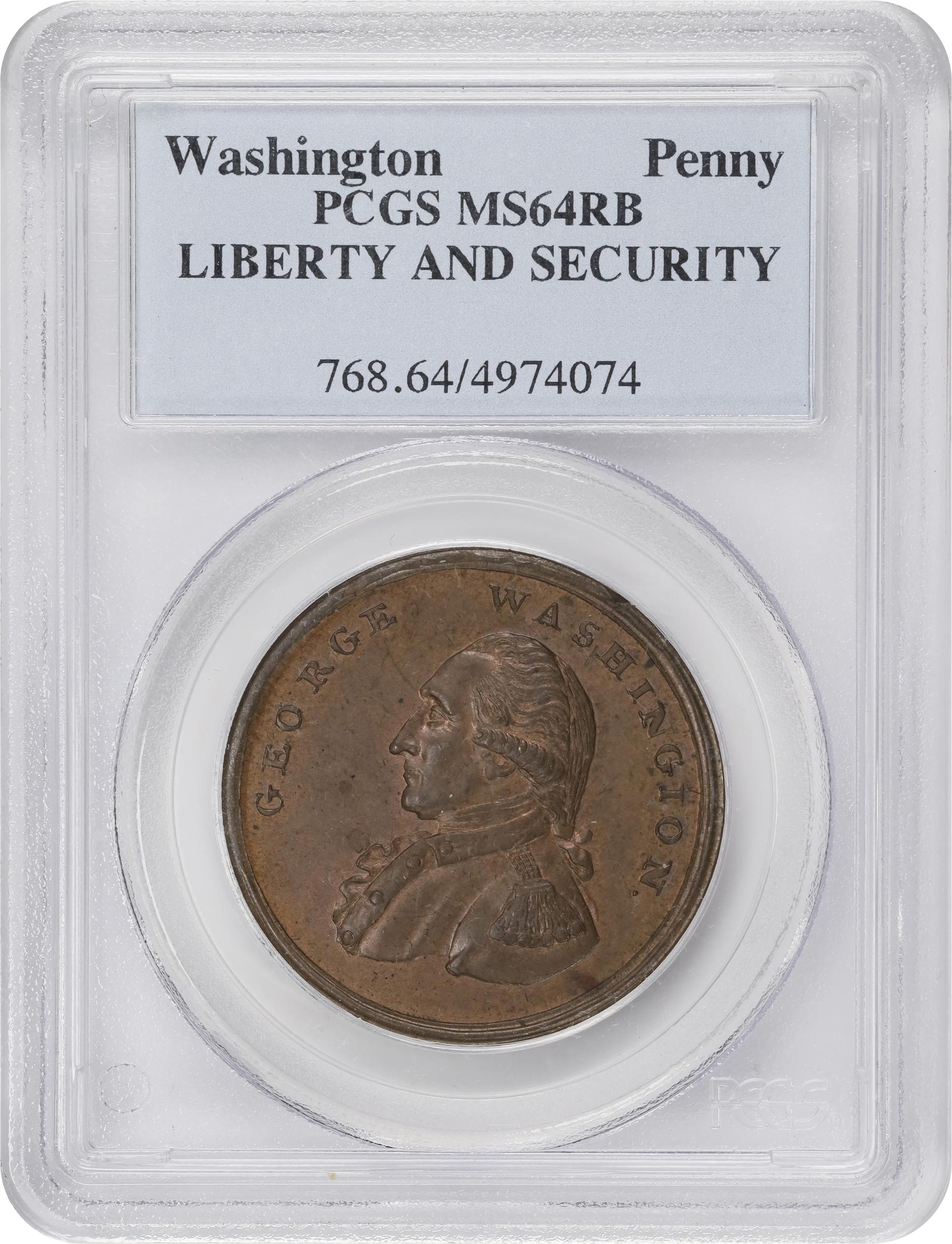 image for: Undated (ca. 1795) Washington Liberty and Security Penny. Musante GW-45, Baker-30, W-11050. Copper. ASYLUM Edge. MS-64 RB (PCGS).