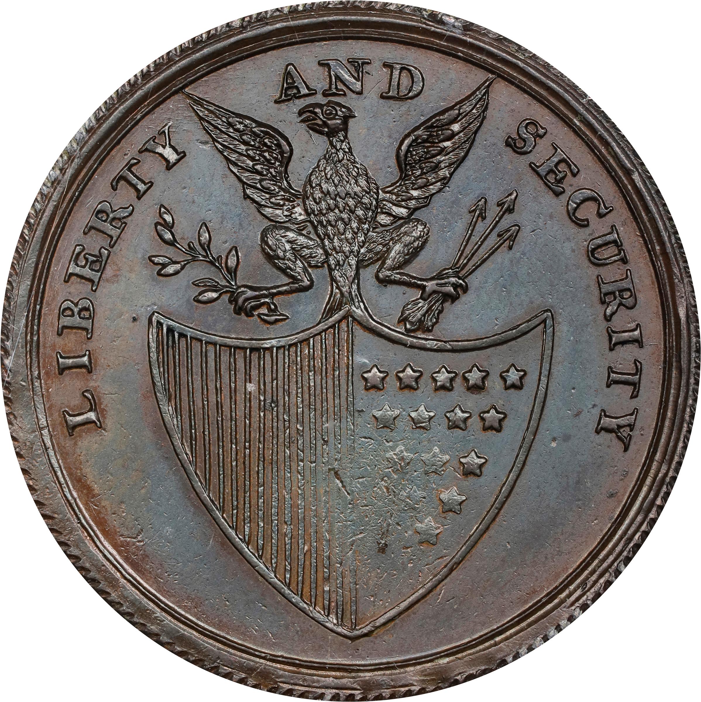 image for: Undated (ca. 1795) Washington Liberty and Security Penny. Musante GW-45, Baker-30E, W-11055. Copper. ASYLUM Edge, Corded Outer Rims. MS-62 BN (PCGS).