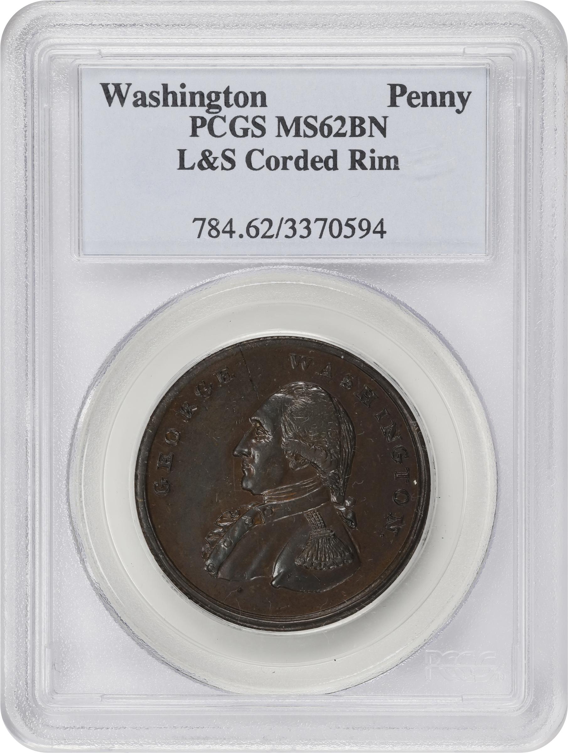 image for: Undated (ca. 1795) Washington Liberty and Security Penny. Musante GW-45, Baker-30E, W-11055. Copper. ASYLUM Edge, Corded Outer Rims. MS-62 BN (PCGS).