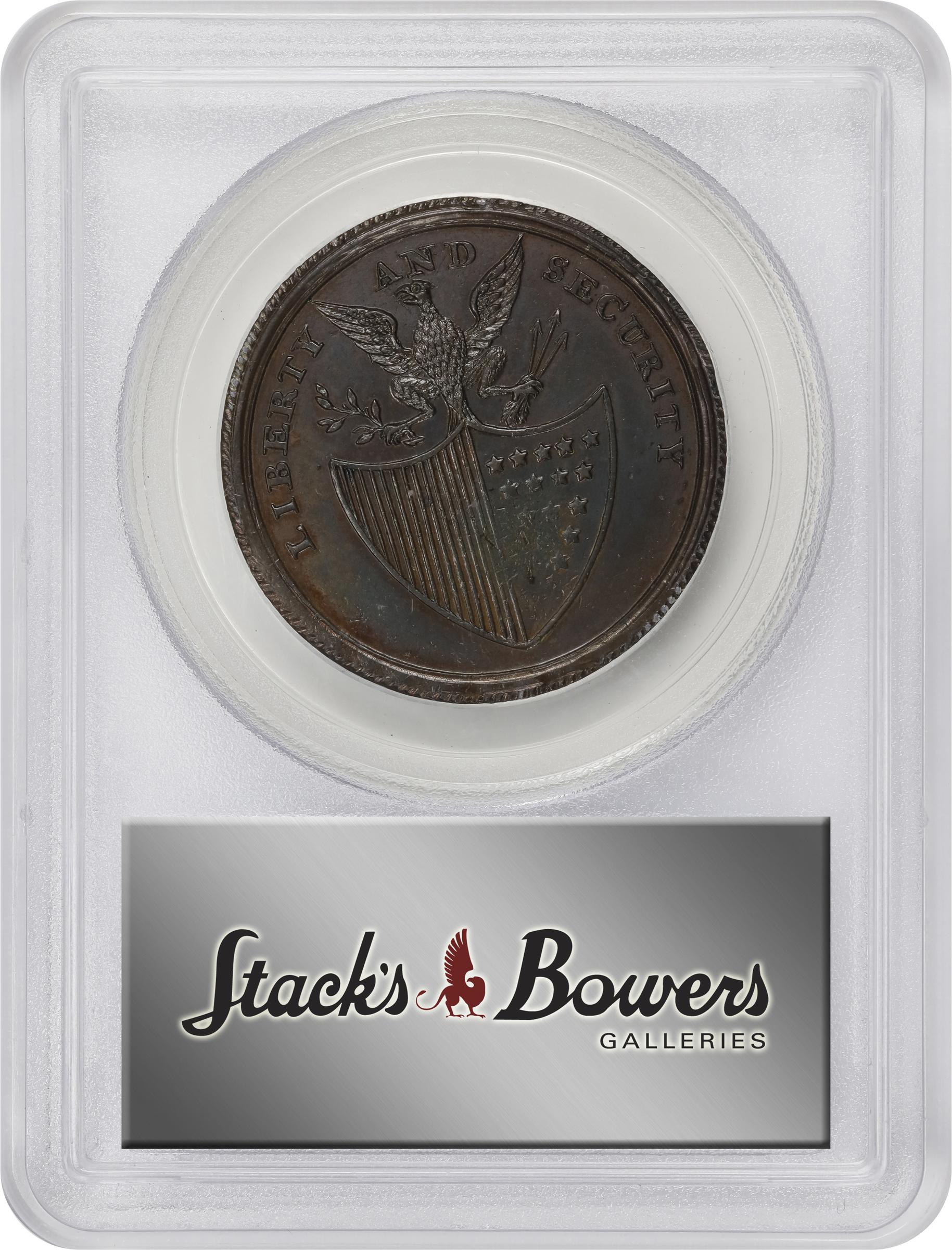 image for: Undated (ca. 1795) Washington Liberty and Security Penny. Musante GW-45, Baker-30E, W-11055. Copper. ASYLUM Edge, Corded Outer Rims. MS-62 BN (PCGS).