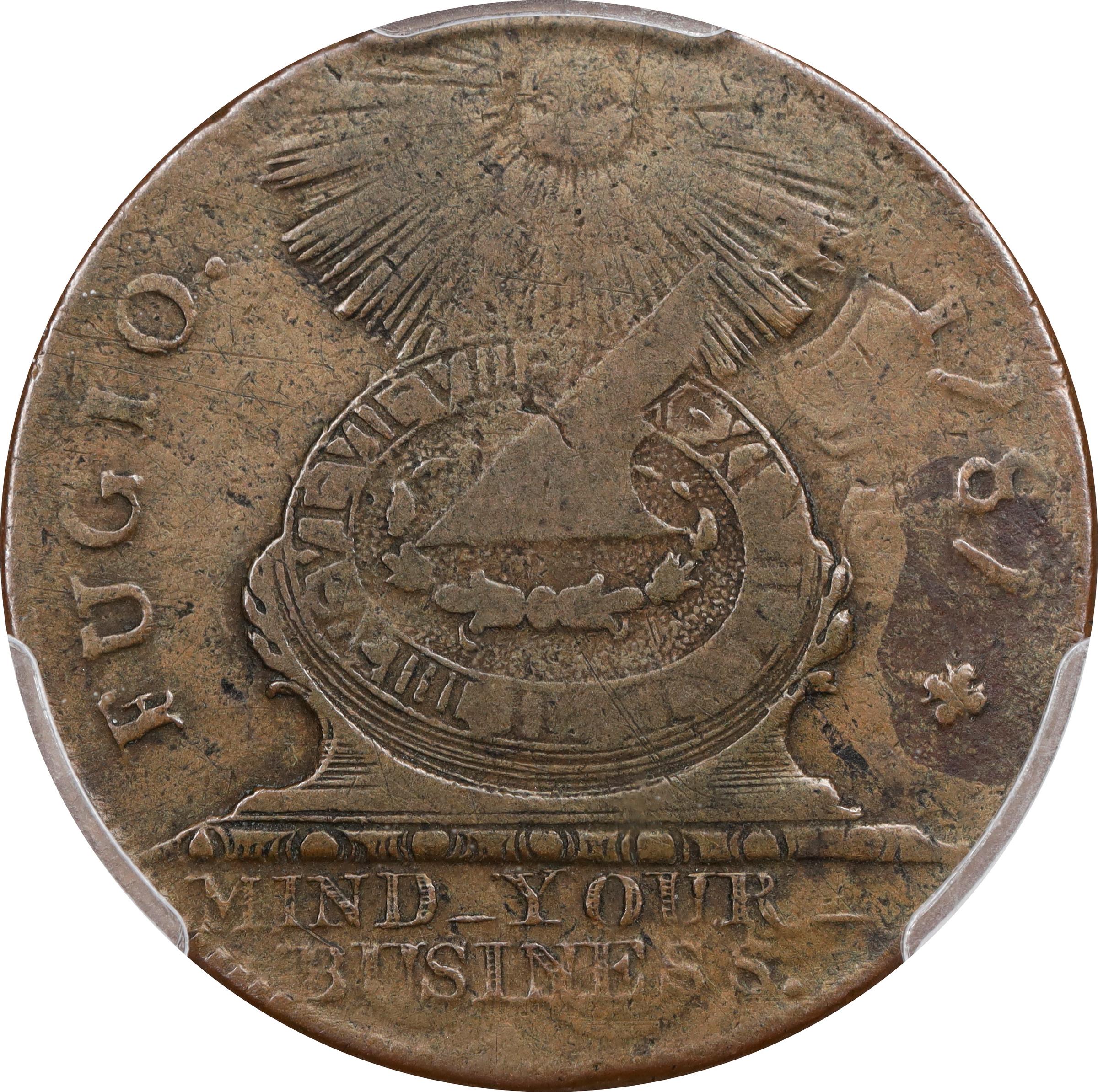 image for: 1787 Fugio Cent. Pointed Rays. Newman 1-B, W-6600. Rarity-4. Obverse Cross After Date, No Cinquefoils, UNITED STATES. VF-25 (PCGS).