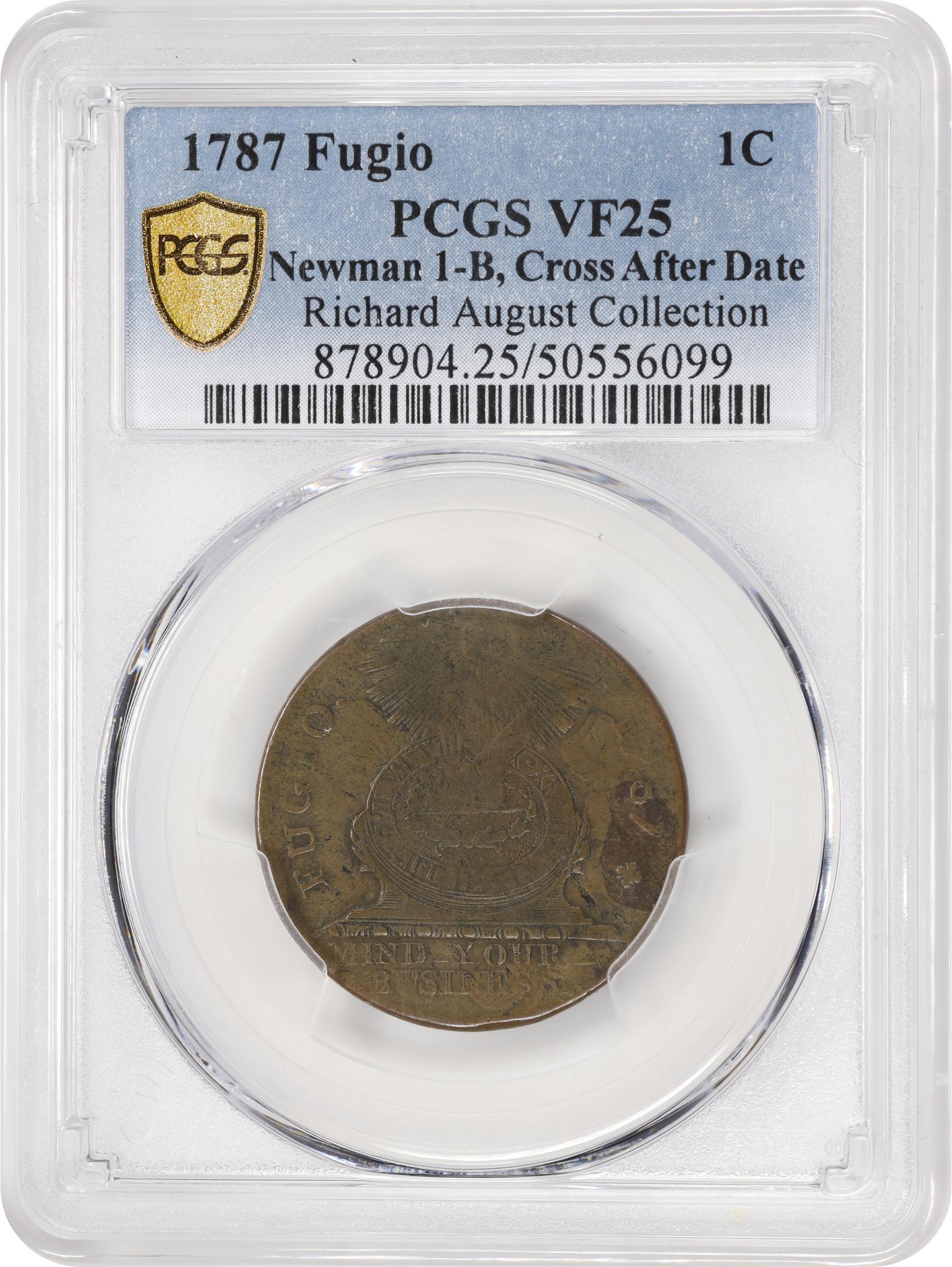 image for: 1787 Fugio Cent. Pointed Rays. Newman 1-B, W-6600. Rarity-4. Obverse Cross After Date, No Cinquefoils, UNITED STATES. VF-25 (PCGS).