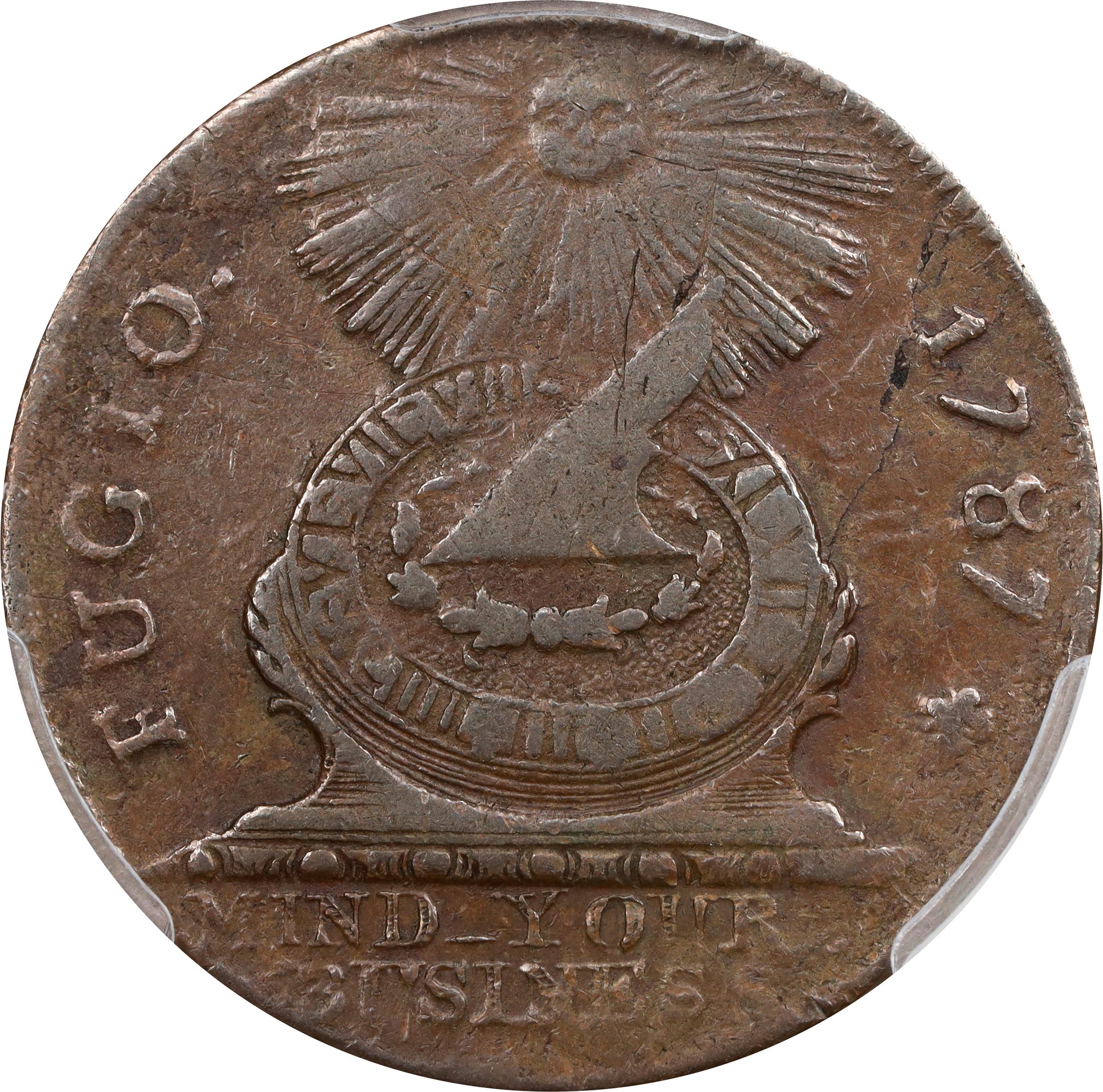 image for: 1787 Fugio Cent. Pointed Rays. Newman 1-L, W-6605. Rarity-5-. Obverse Cross After Date, No Cinquefoils, STATES UNITED. EF-40 (PCGS).