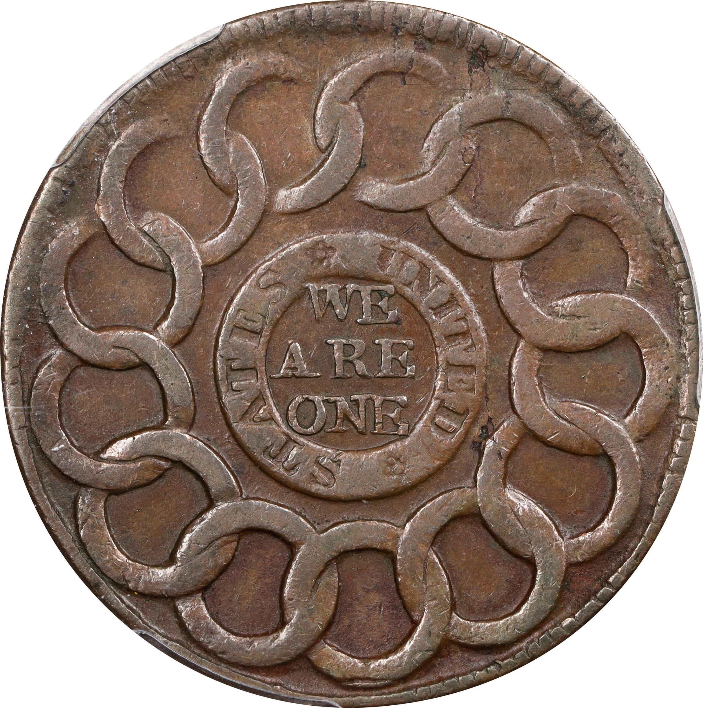 image for: 1787 Fugio Cent. Pointed Rays. Newman 1-L, W-6605. Rarity-5-. Obverse Cross After Date, No Cinquefoils, STATES UNITED. EF-40 (PCGS).