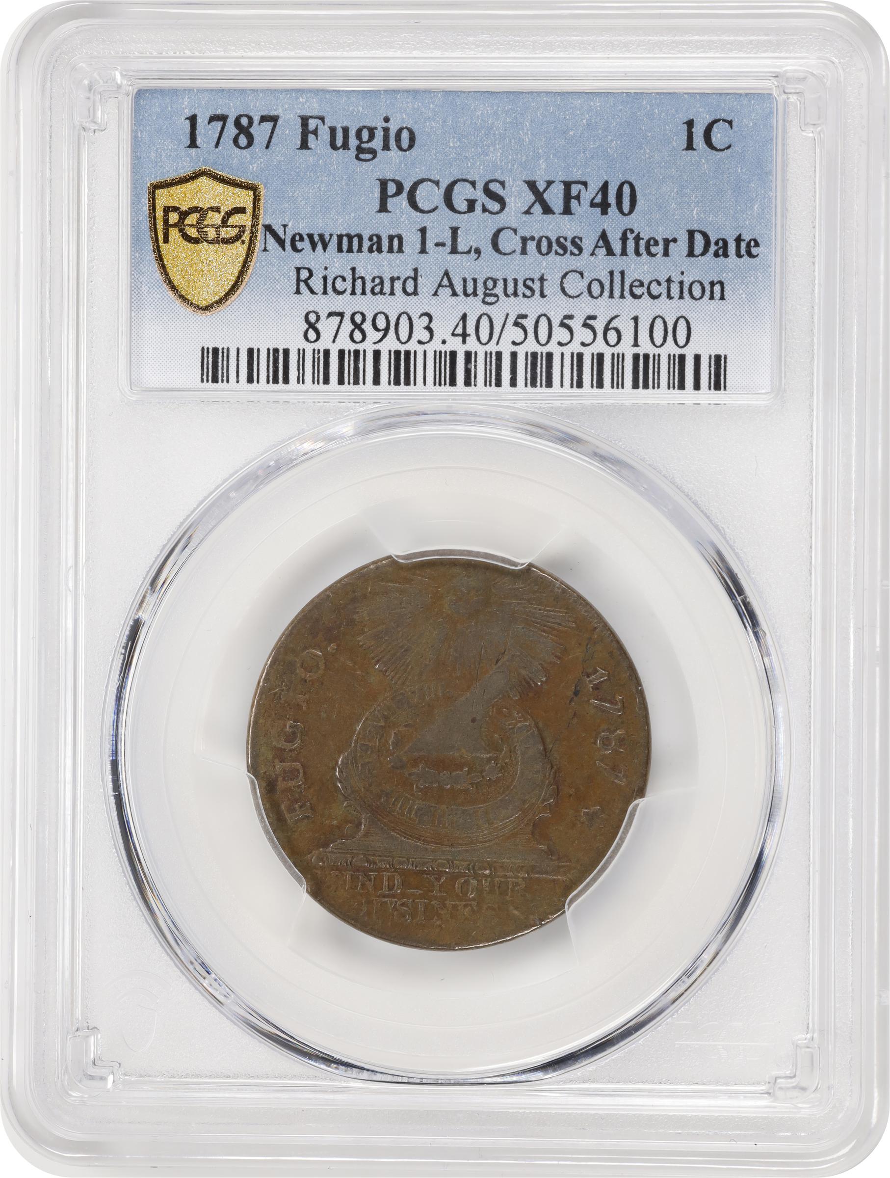 image for: 1787 Fugio Cent. Pointed Rays. Newman 1-L, W-6605. Rarity-5-. Obverse Cross After Date, No Cinquefoils, STATES UNITED. EF-40 (PCGS).