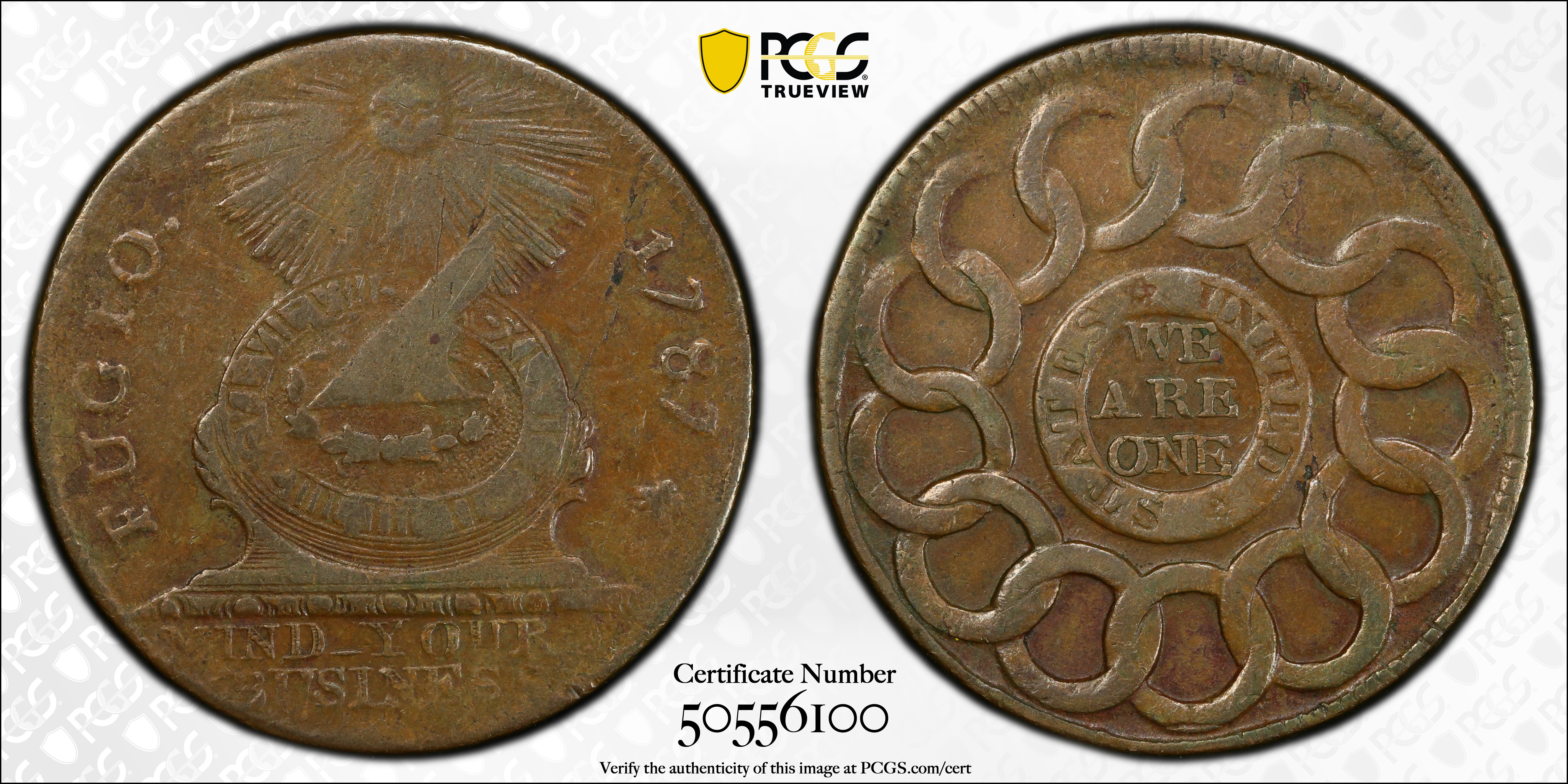 image for: 1787 Fugio Cent. Pointed Rays. Newman 1-L, W-6605. Rarity-5-. Obverse Cross After Date, No Cinquefoils, STATES UNITED. EF-40 (PCGS).