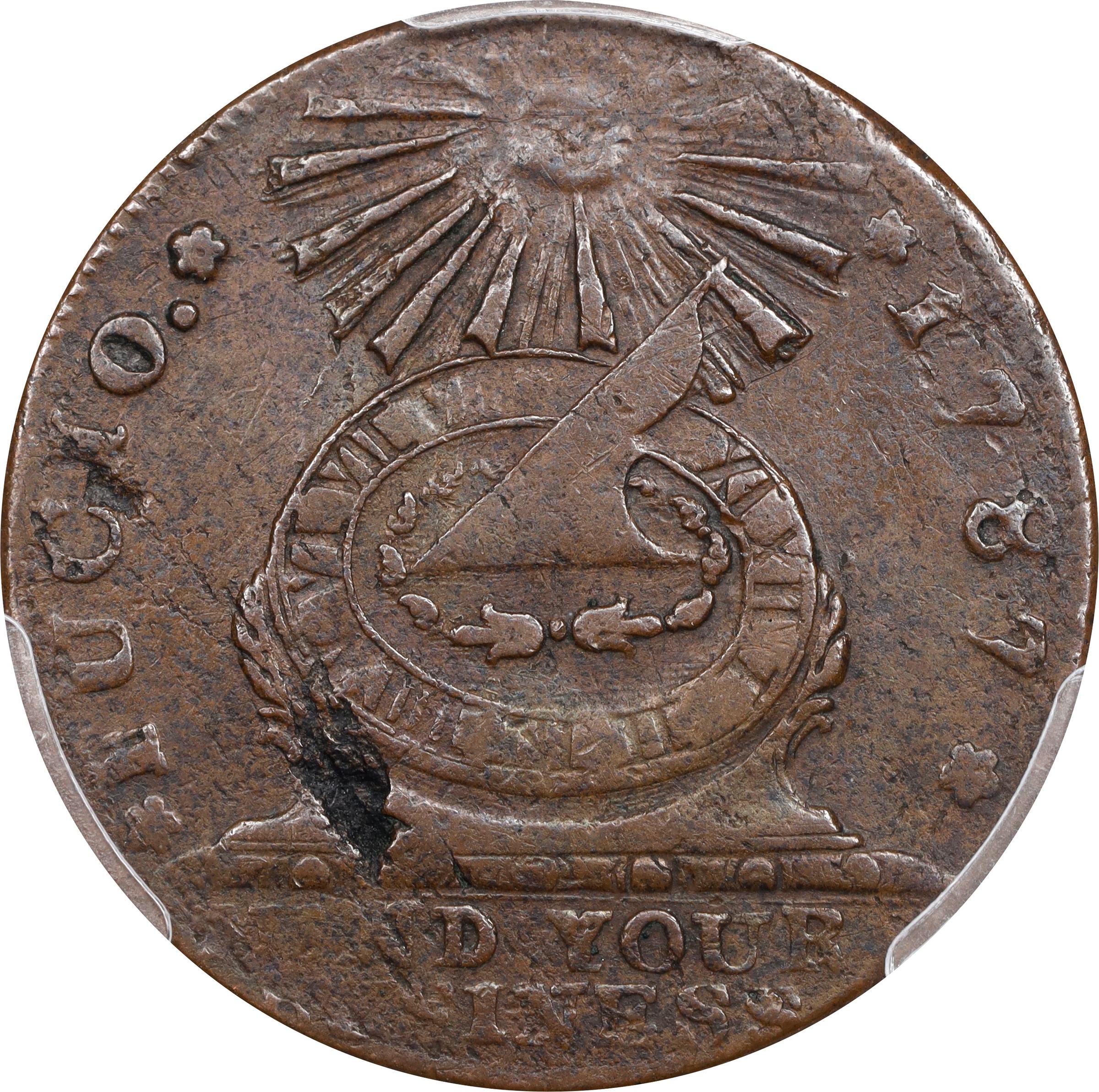 image for: 1787 Fugio Cent. Club Rays. Newman 2-C, W-6630. Rarity-6-. Concave Ends, FUCIO, UNITED STATES. EF-40 (PCGS).