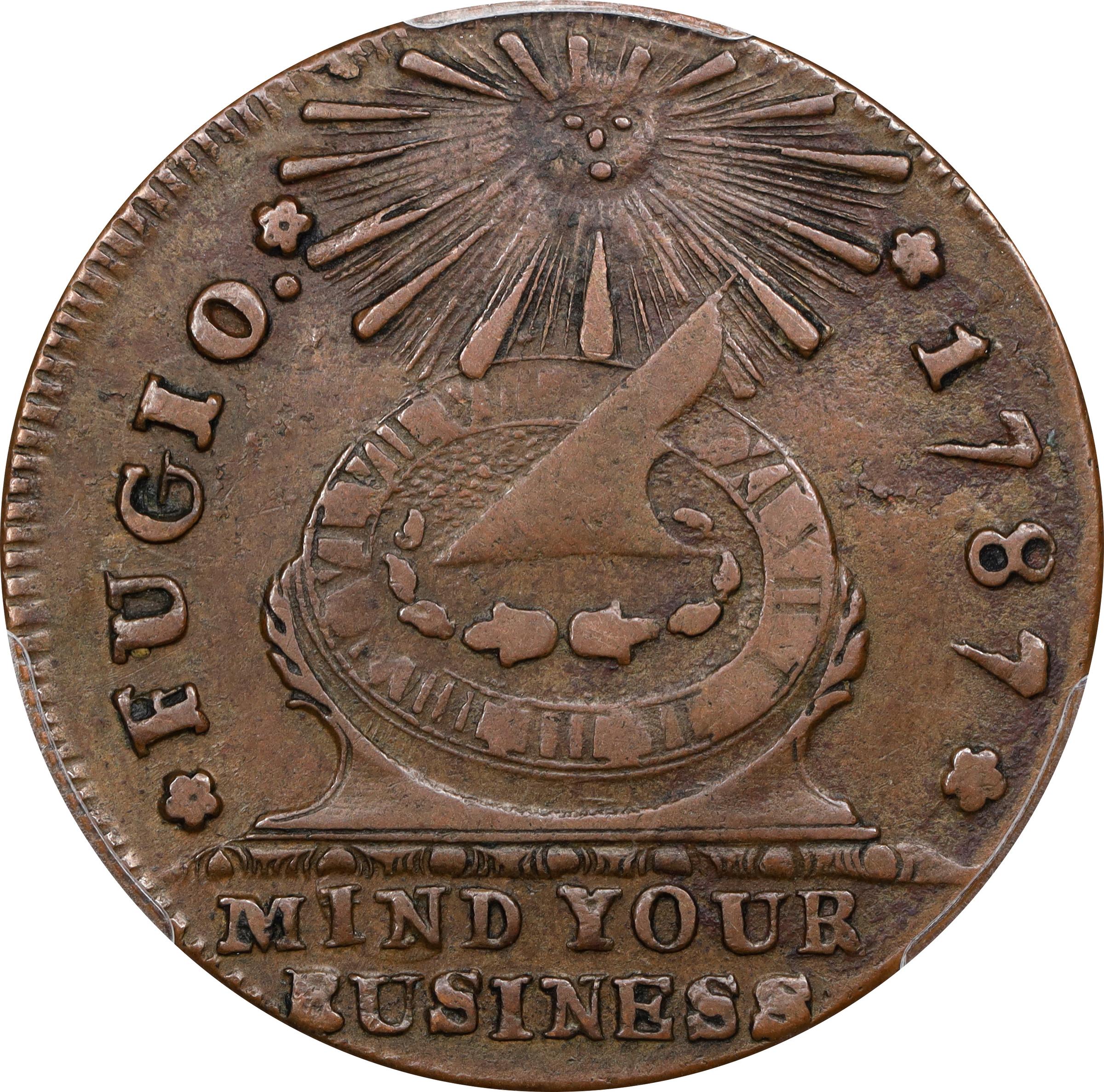 image for: 1787 Fugio Cent. Club Rays. Newman 3-D, W-6680. Rarity-2. Rounded Ends. AU-50 (PCGS).