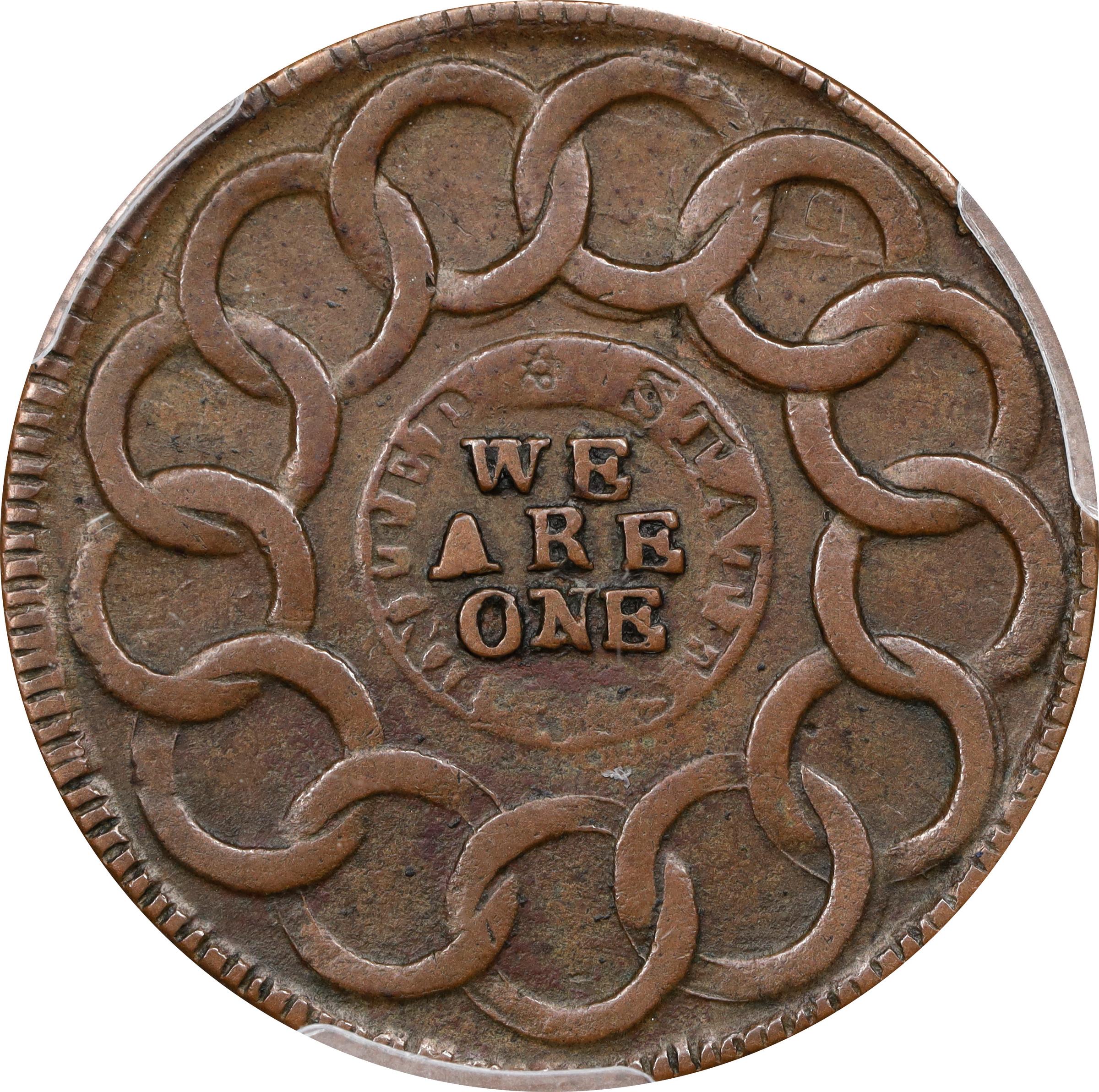 image for: 1787 Fugio Cent. Club Rays. Newman 3-D, W-6680. Rarity-2. Rounded Ends. AU-50 (PCGS).