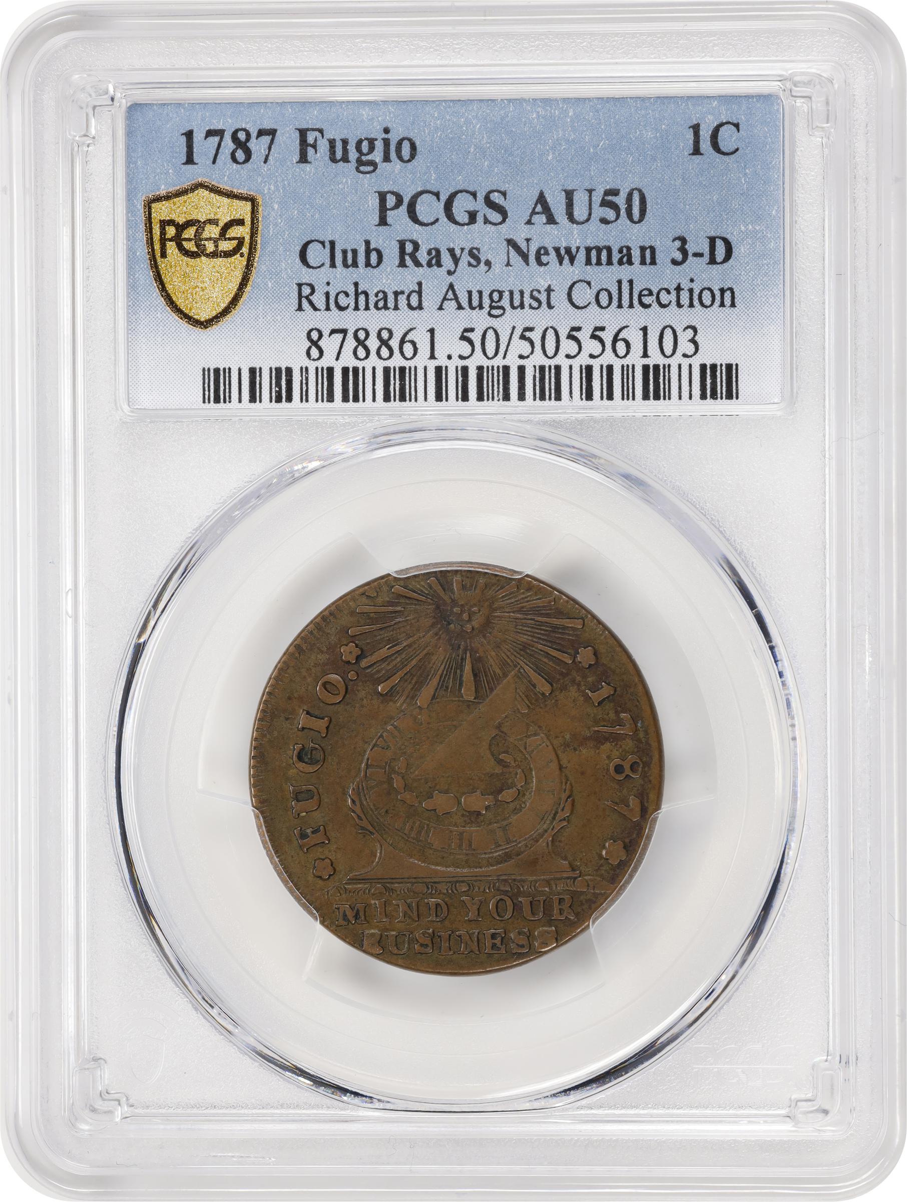 image for: 1787 Fugio Cent. Club Rays. Newman 3-D, W-6680. Rarity-2. Rounded Ends. AU-50 (PCGS).