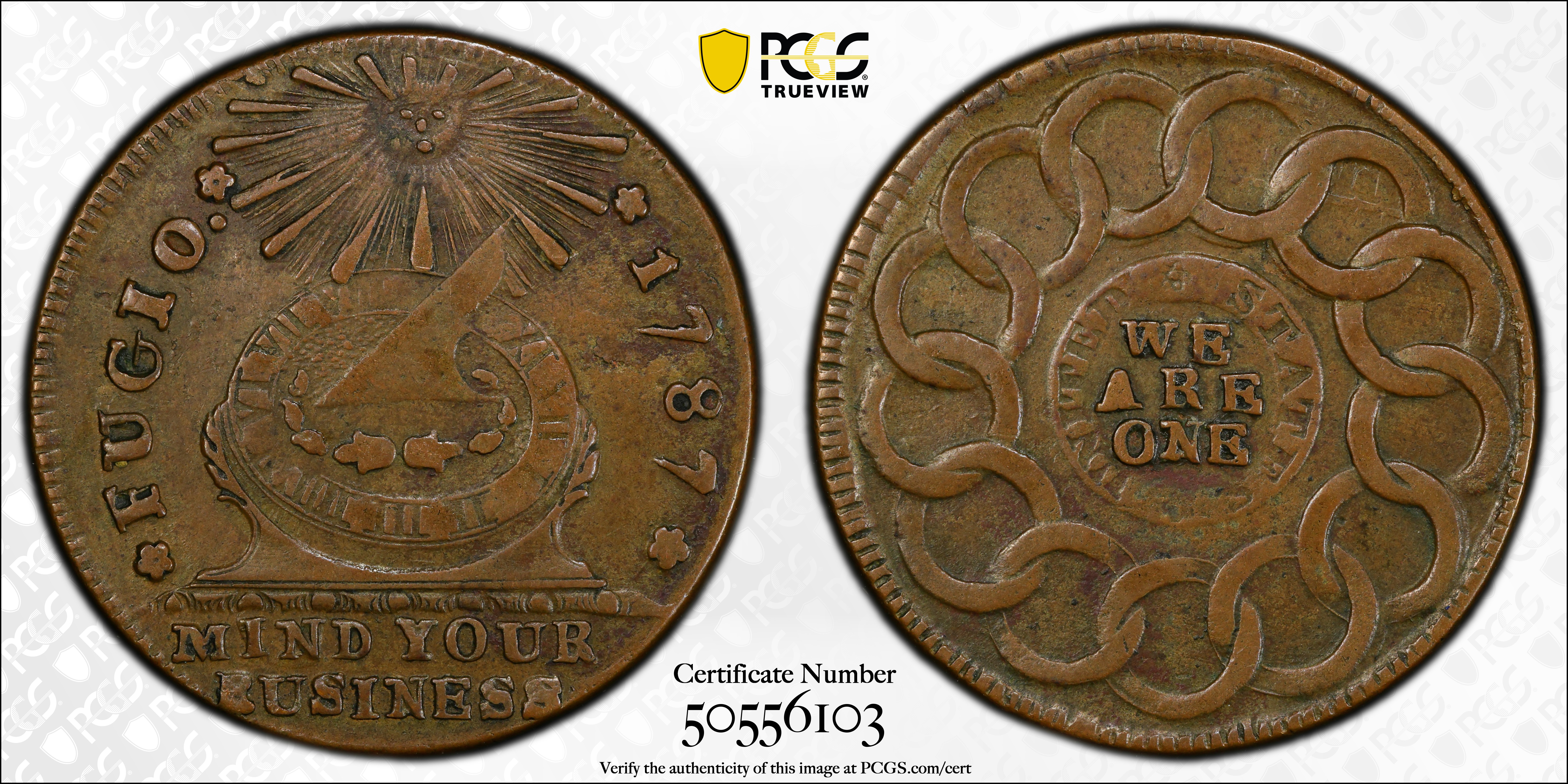 image for: 1787 Fugio Cent. Club Rays. Newman 3-D, W-6680. Rarity-2. Rounded Ends. AU-50 (PCGS).