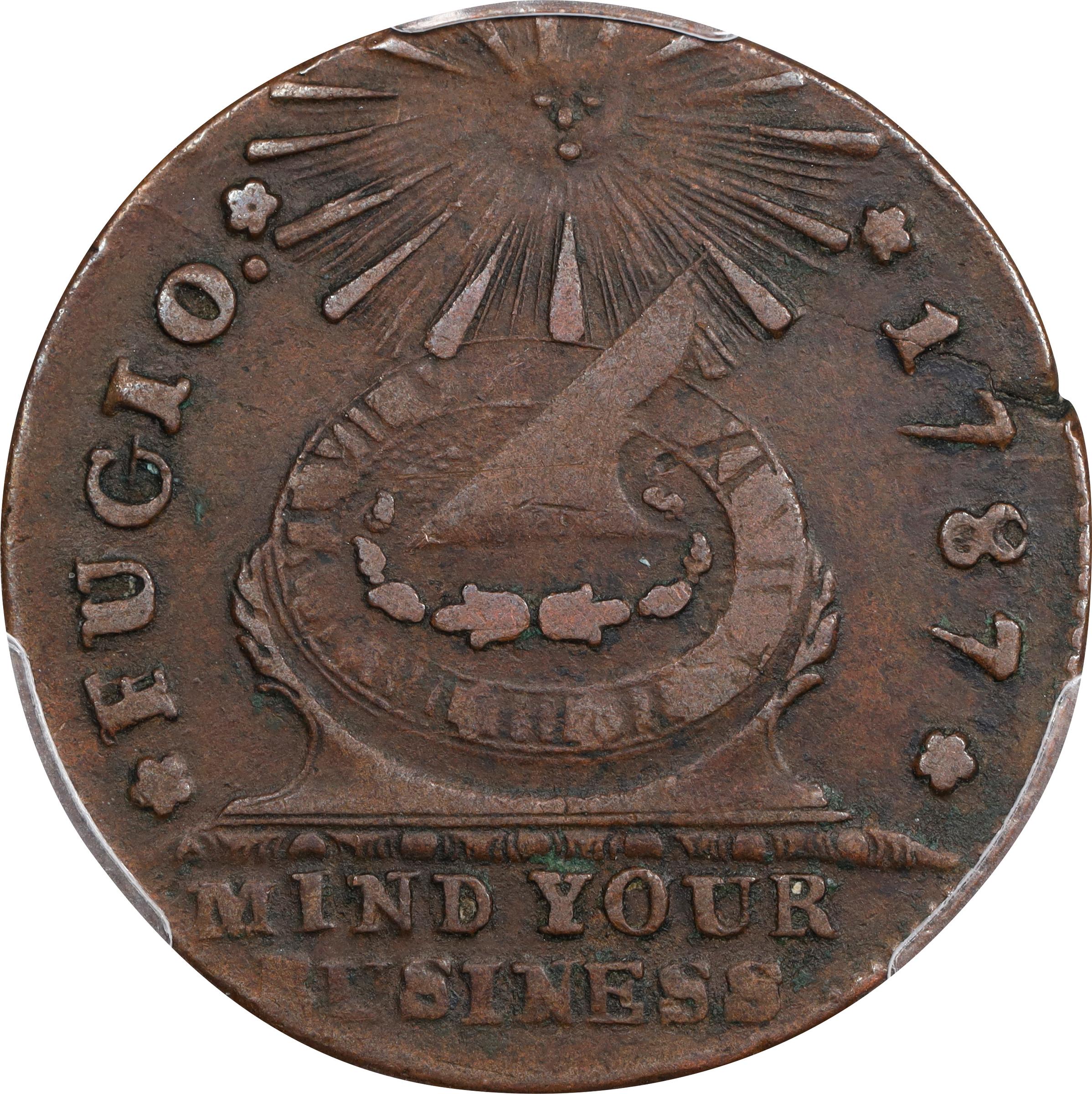 image for: 1787 Fugio Cent. Club Rays. Newman 3-D, W-6680. Rarity-2. Rounded Ends. EF-40 (PCGS).