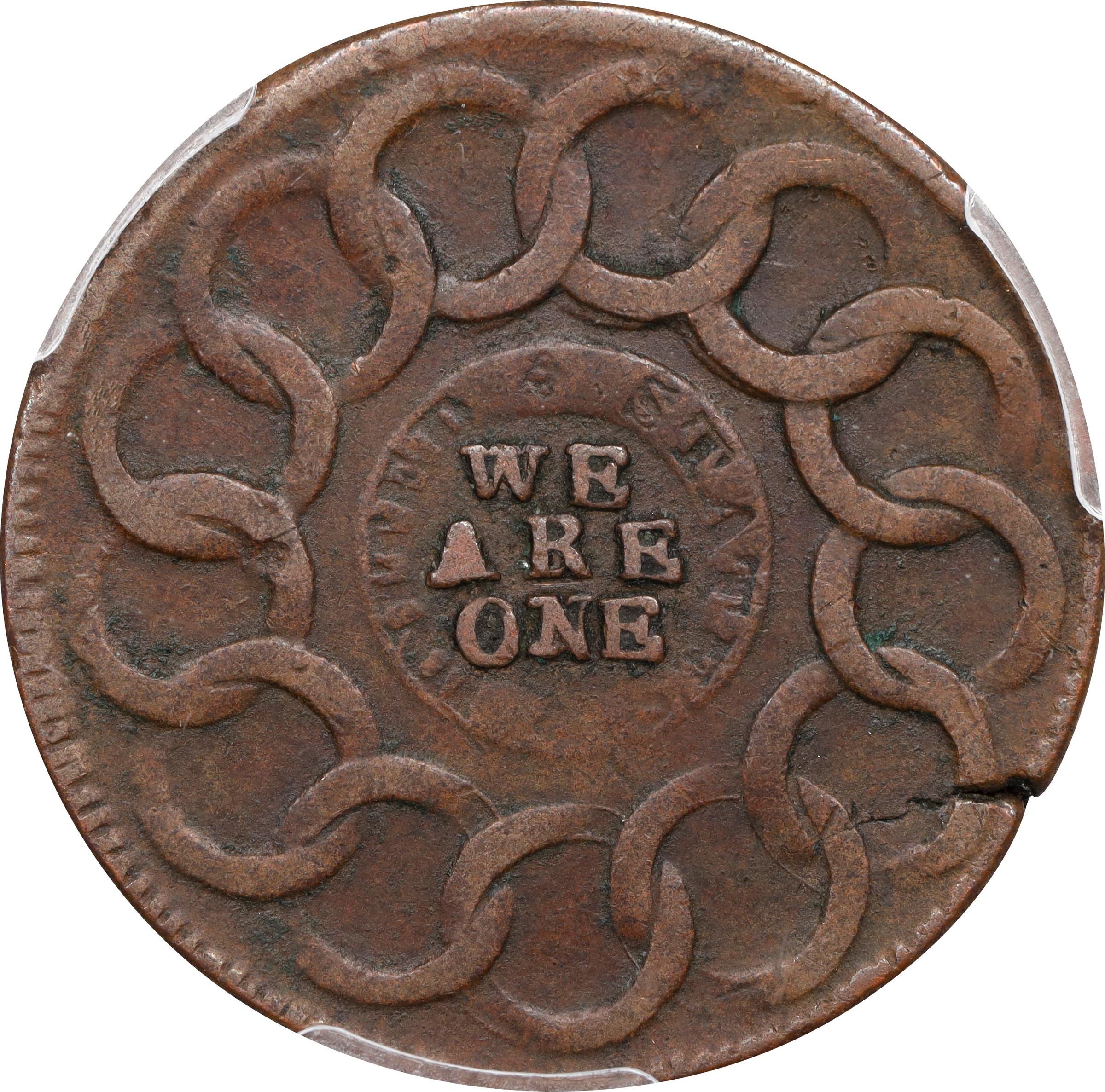 image for: 1787 Fugio Cent. Club Rays. Newman 3-D, W-6680. Rarity-2. Rounded Ends. EF-40 (PCGS).