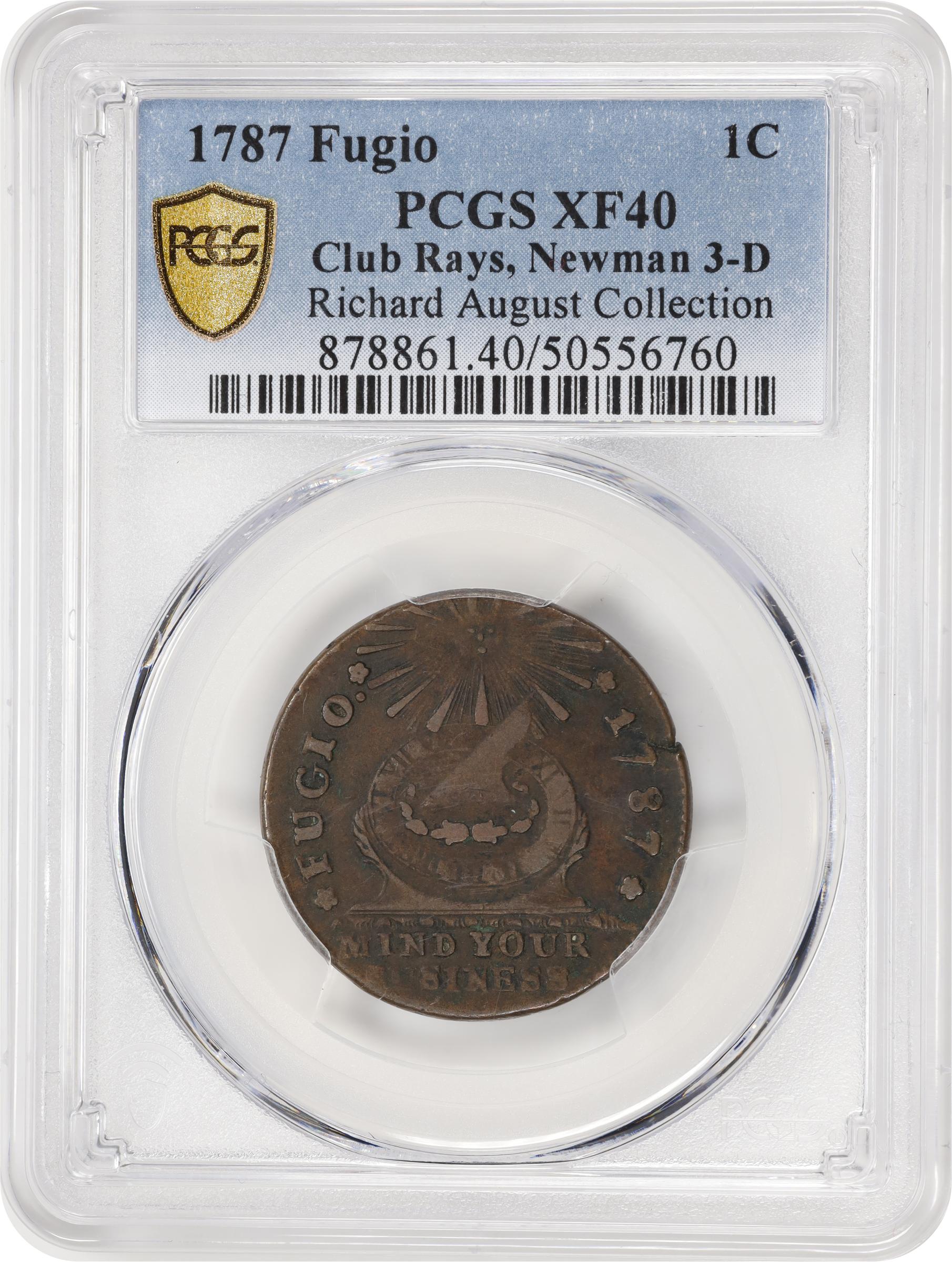 image for: 1787 Fugio Cent. Club Rays. Newman 3-D, W-6680. Rarity-2. Rounded Ends. EF-40 (PCGS).