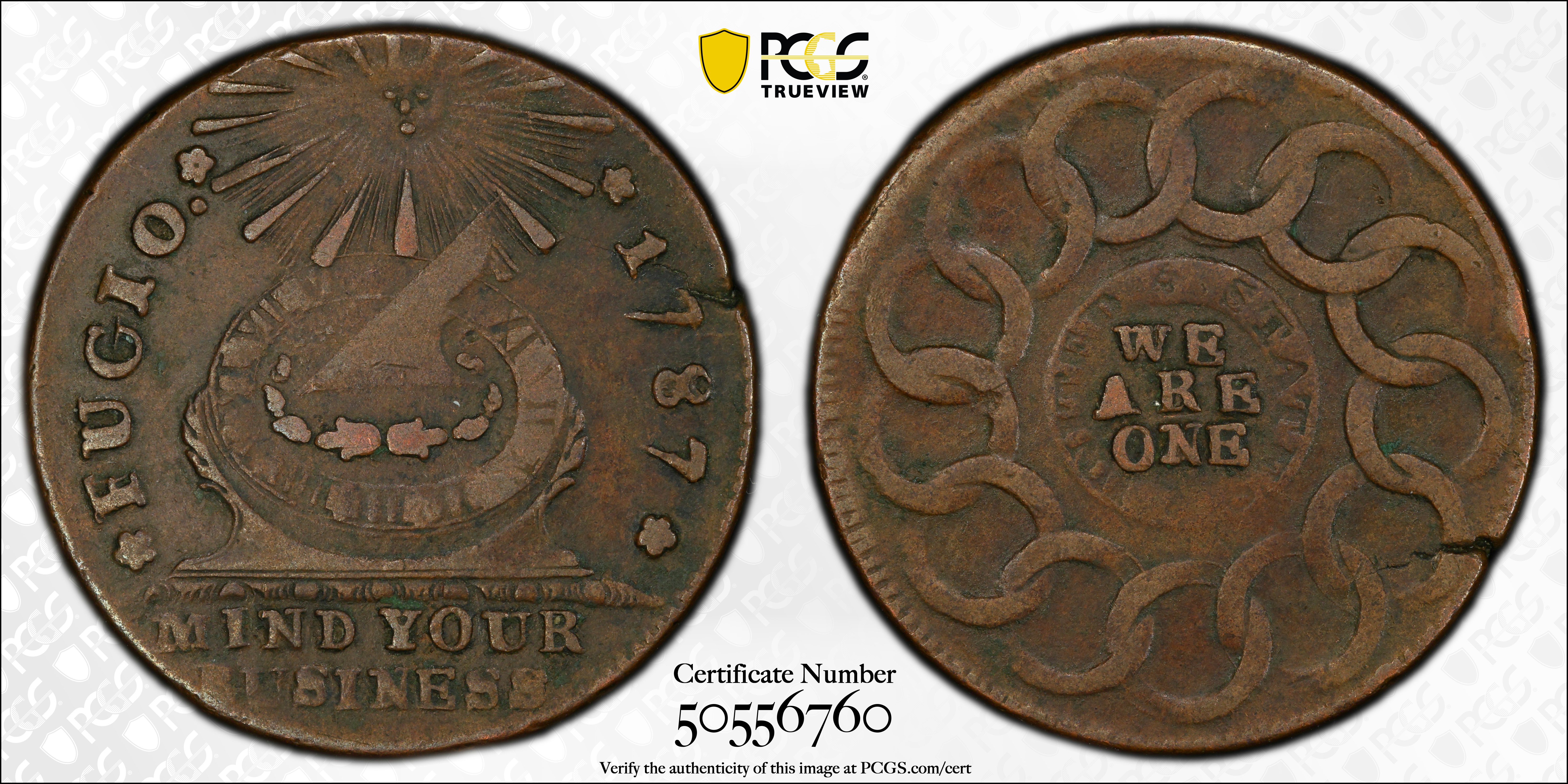 image for: 1787 Fugio Cent. Club Rays. Newman 3-D, W-6680. Rarity-2. Rounded Ends. EF-40 (PCGS).