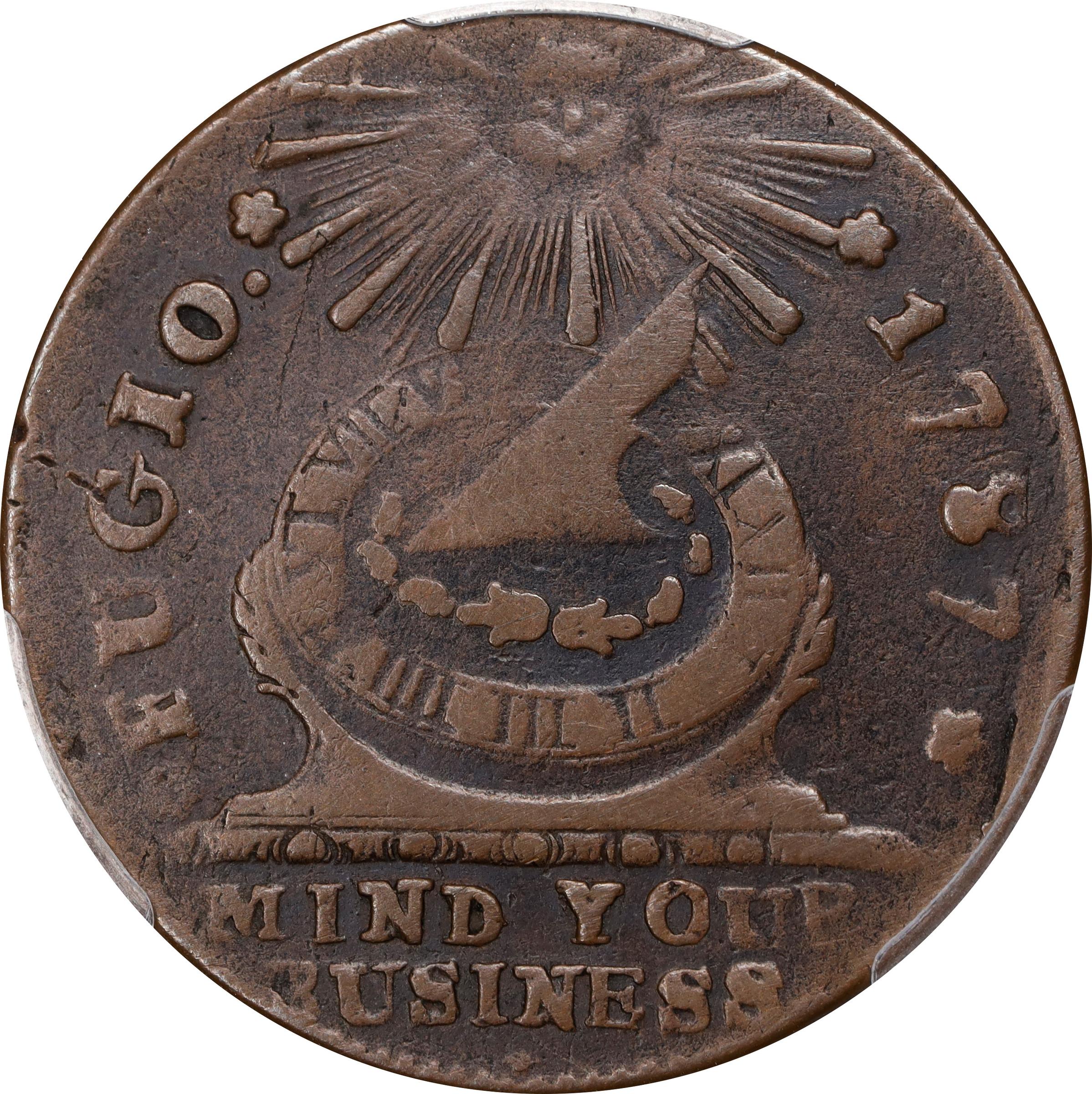 image for: 1787 Fugio Cent. Club Rays. Newman 4-E, W-6685. Rarity-3. Rounded Ends. VF-30 (PCGS).