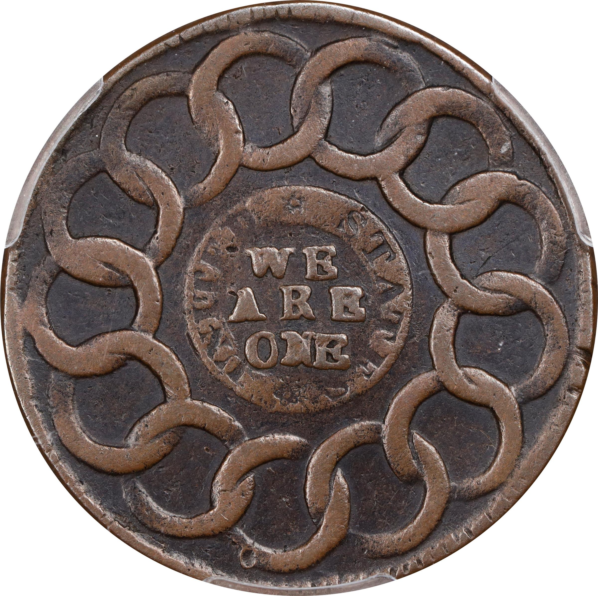 image for: 1787 Fugio Cent. Club Rays. Newman 4-E, W-6685. Rarity-3. Rounded Ends. VF-30 (PCGS).