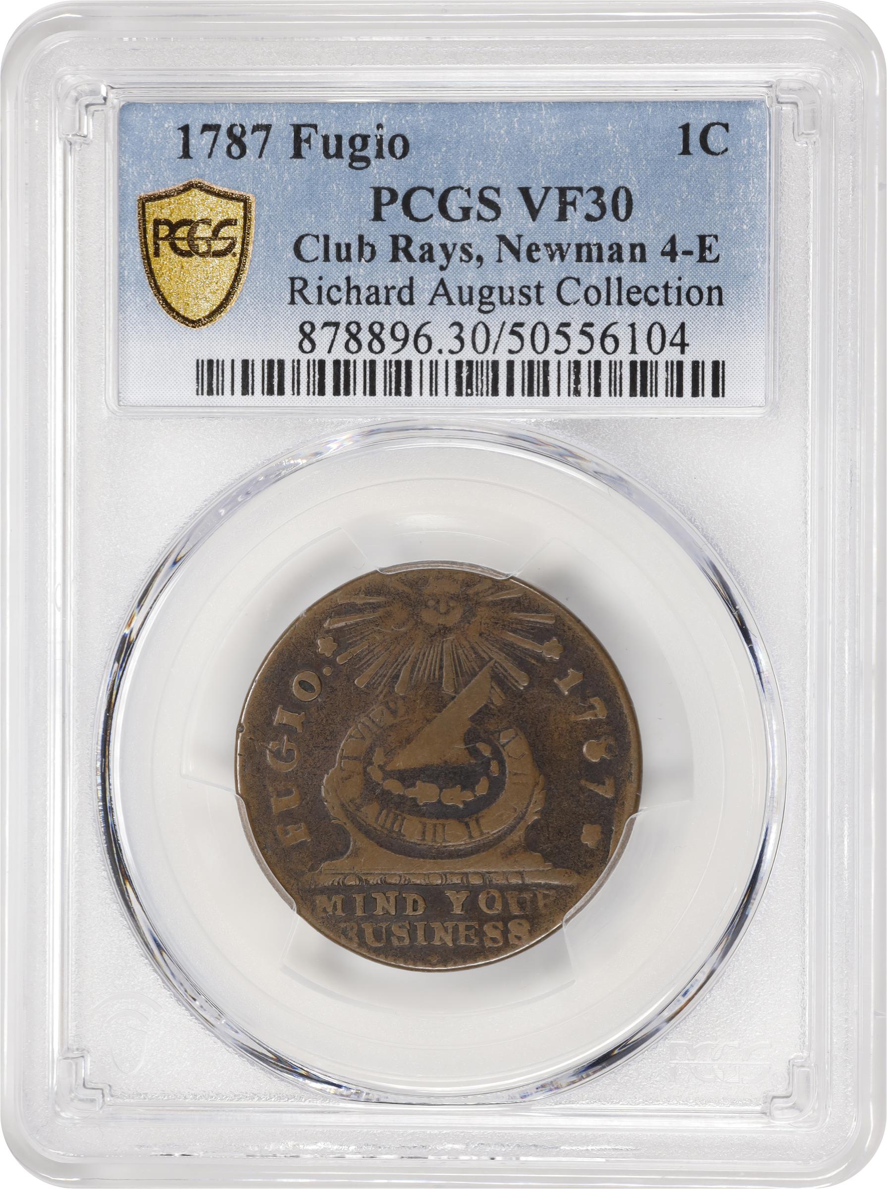 image for: 1787 Fugio Cent. Club Rays. Newman 4-E, W-6685. Rarity-3. Rounded Ends. VF-30 (PCGS).